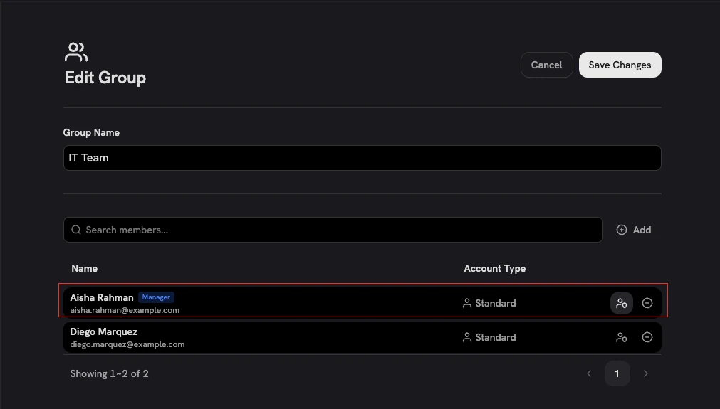 Edit Group member list with one member marked as Manager