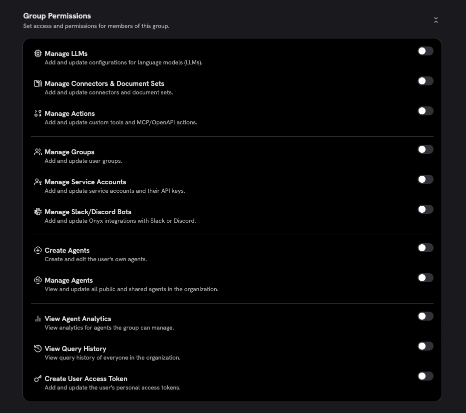 Group Permissions panel showing a toggle for each available permission