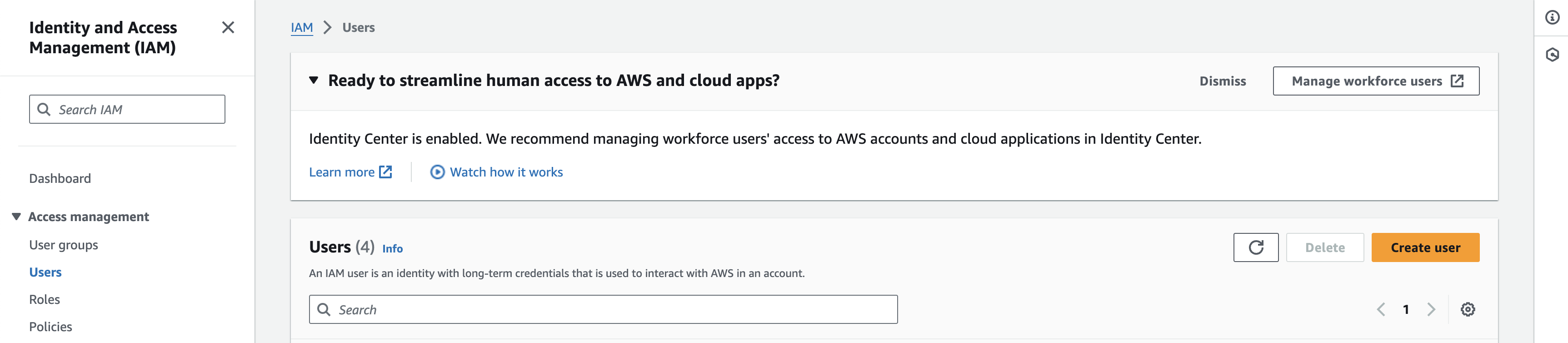 AWS IAM dashboard with Users section for creating a user