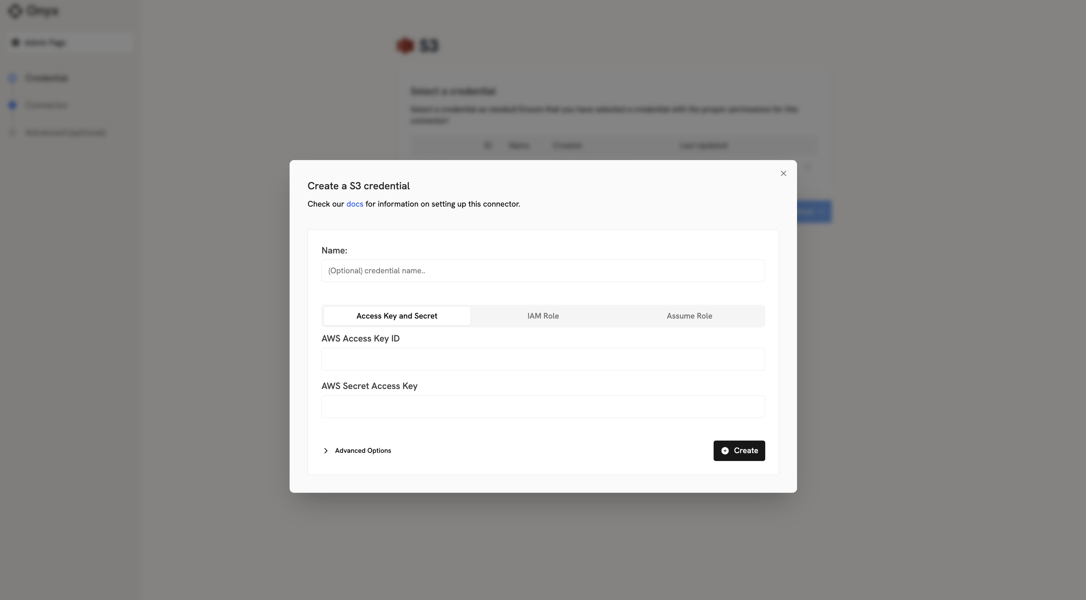 Onyx S3 connector configuration with Access Key ID and Secret fields