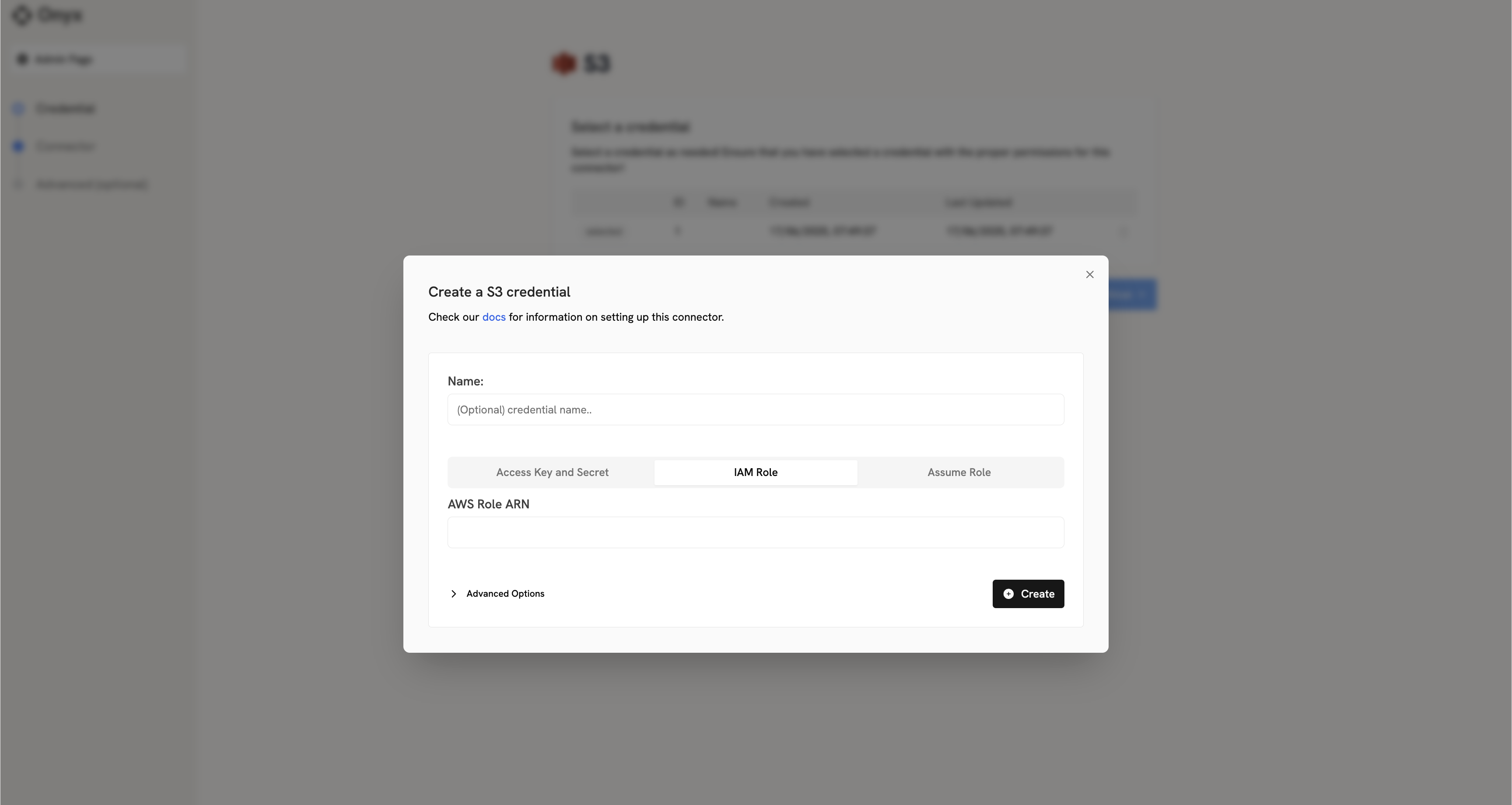 Screenshot of Onyx S3 IAM role configuration with tabs