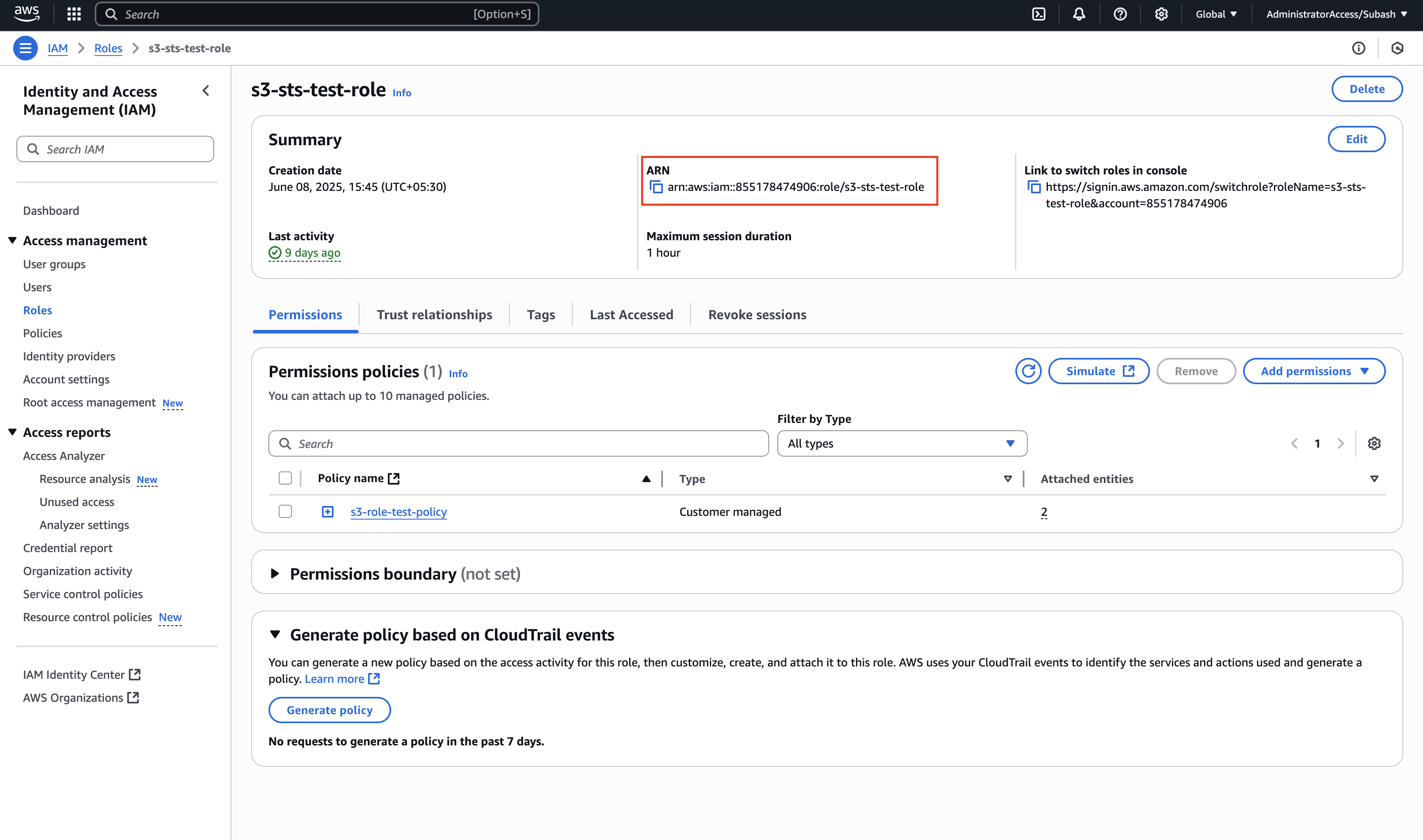 Diagram of page where role arn can be copied