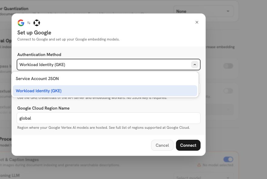 Google embedding authentication menu with Service Account JSON and Workload Identity (GKE) options