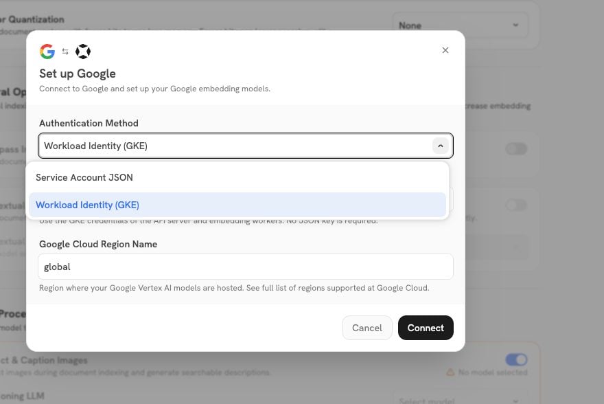 Google embedding authentication menu with Service Account JSON and Workload Identity (GKE) options