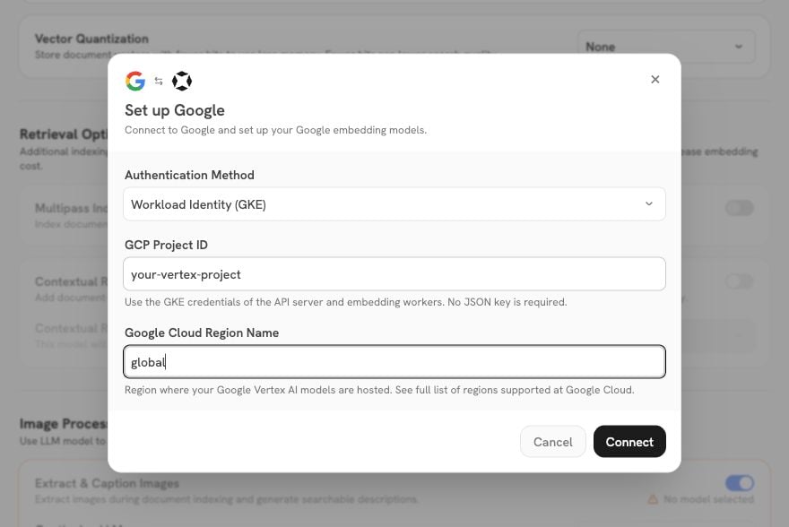 Google embedding form with Workload Identity (GKE), an example GCP Project ID, and the global region