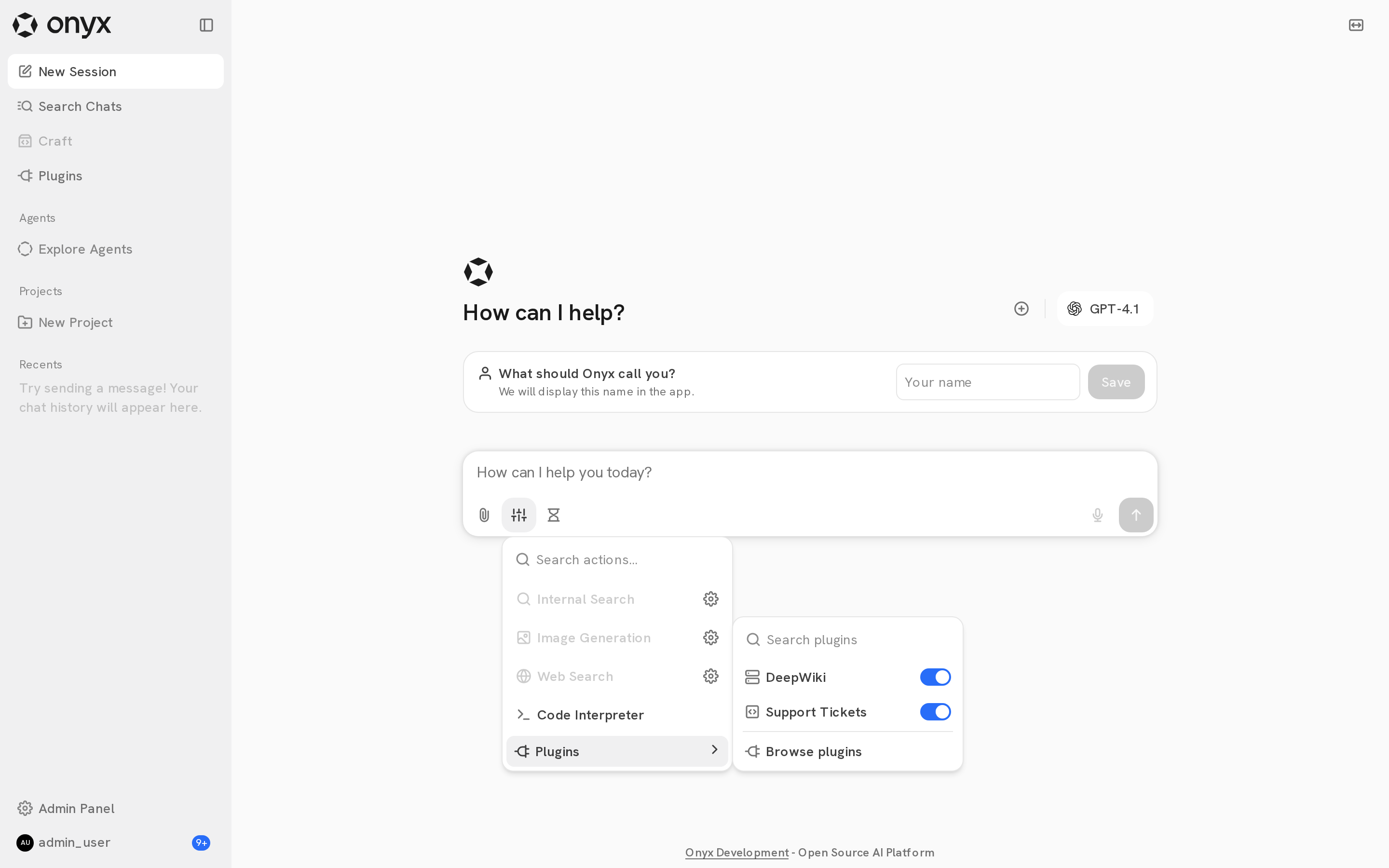 The actions menu in Chat with the Plugins menu open