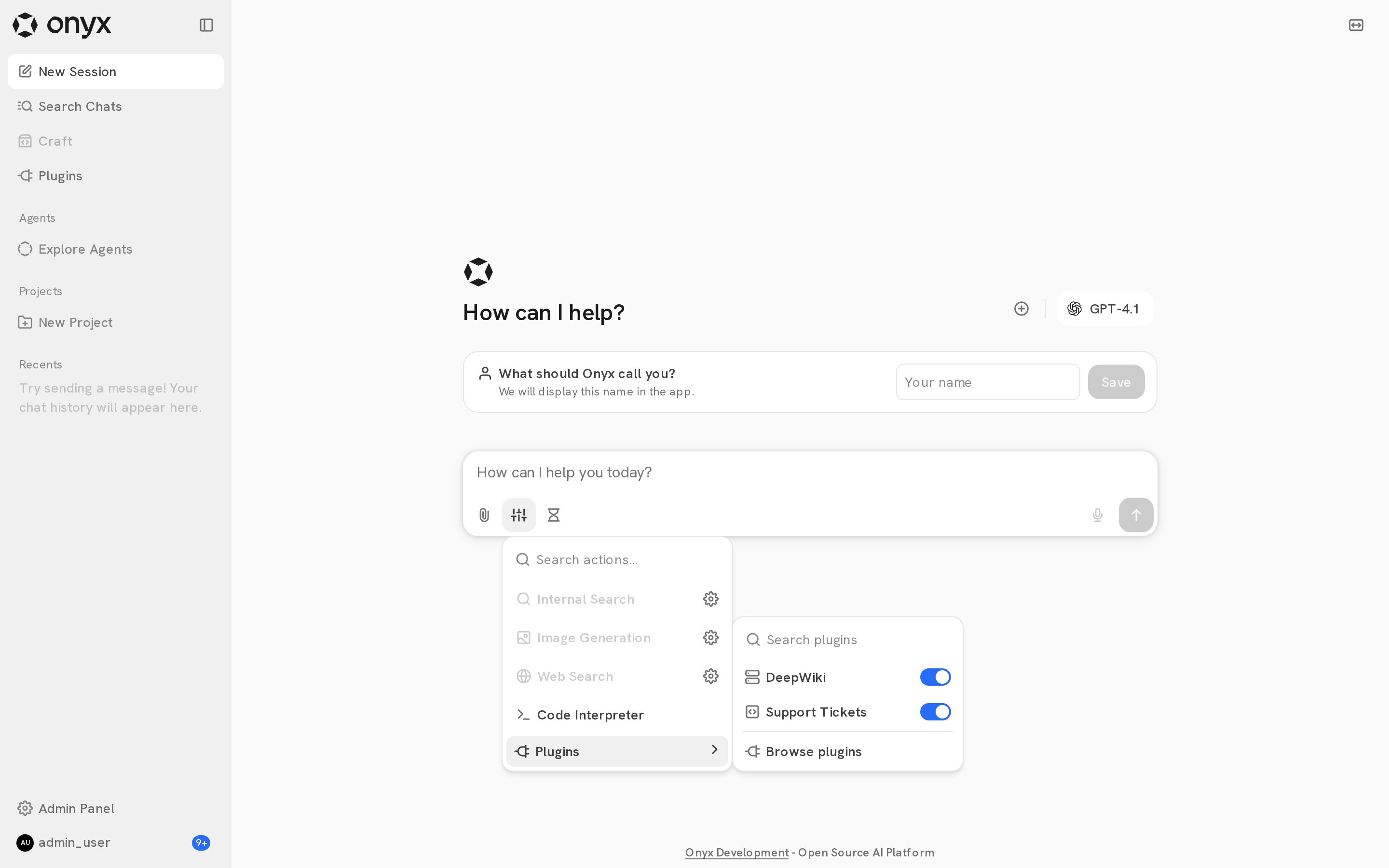 The actions menu in Chat with the Plugins menu open