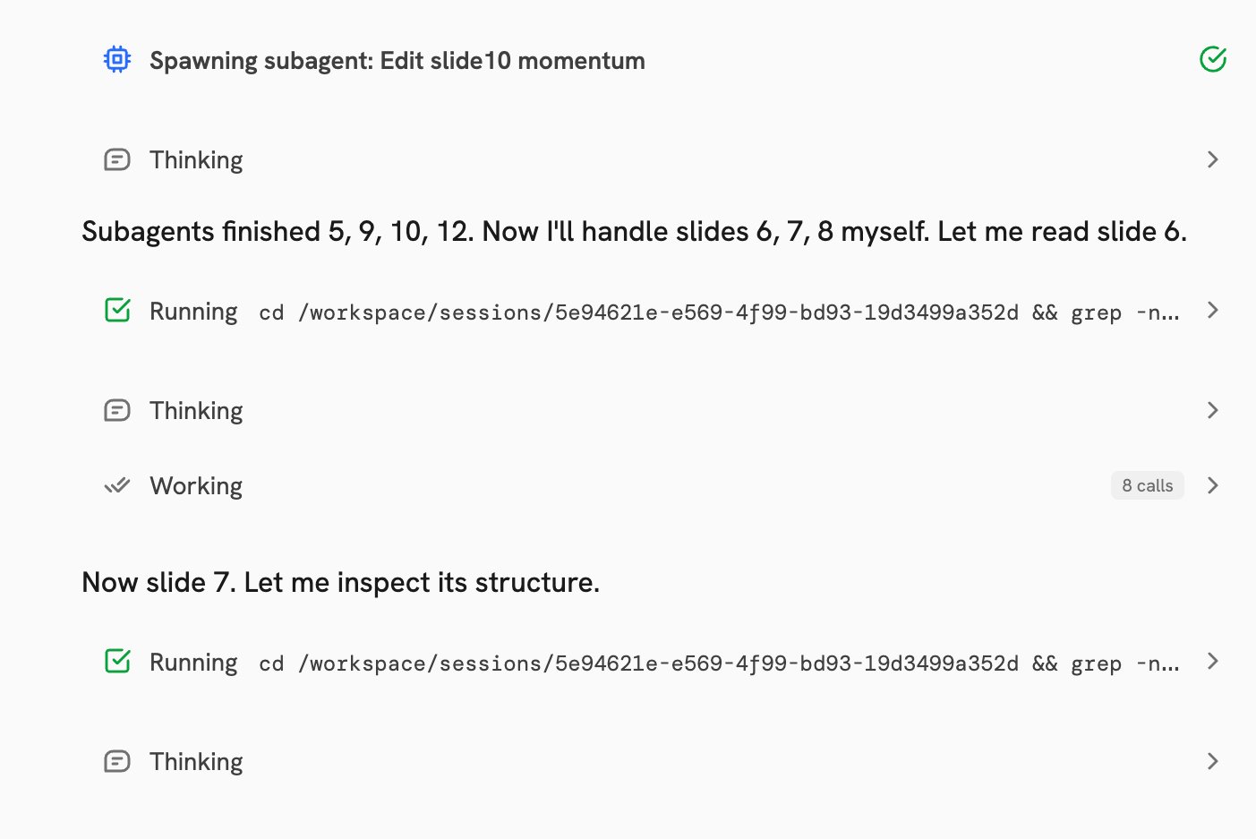 A Craft session building a pitch deck and delegating individual slides to parallel subagents
