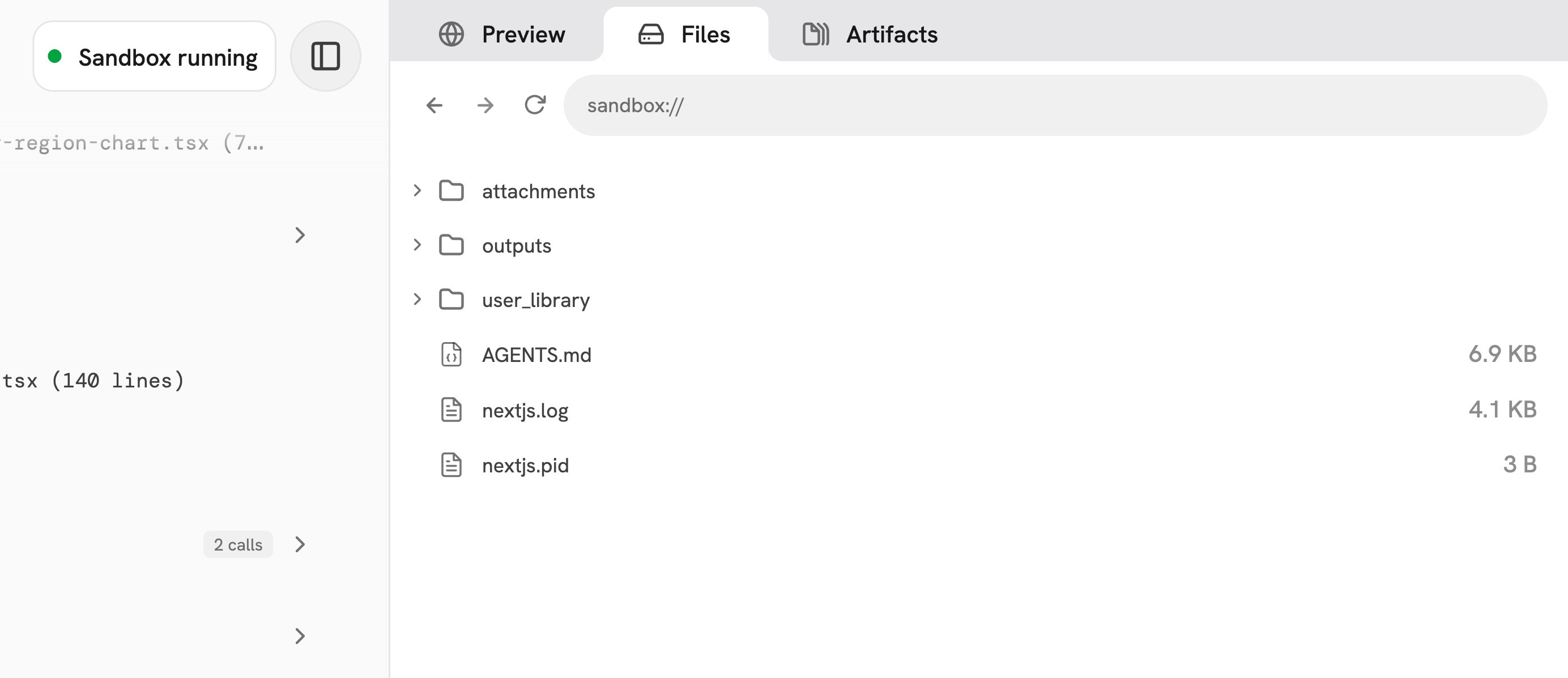 The Output panel showing the Preview, Files, and Artifacts tabs with the session workspace files