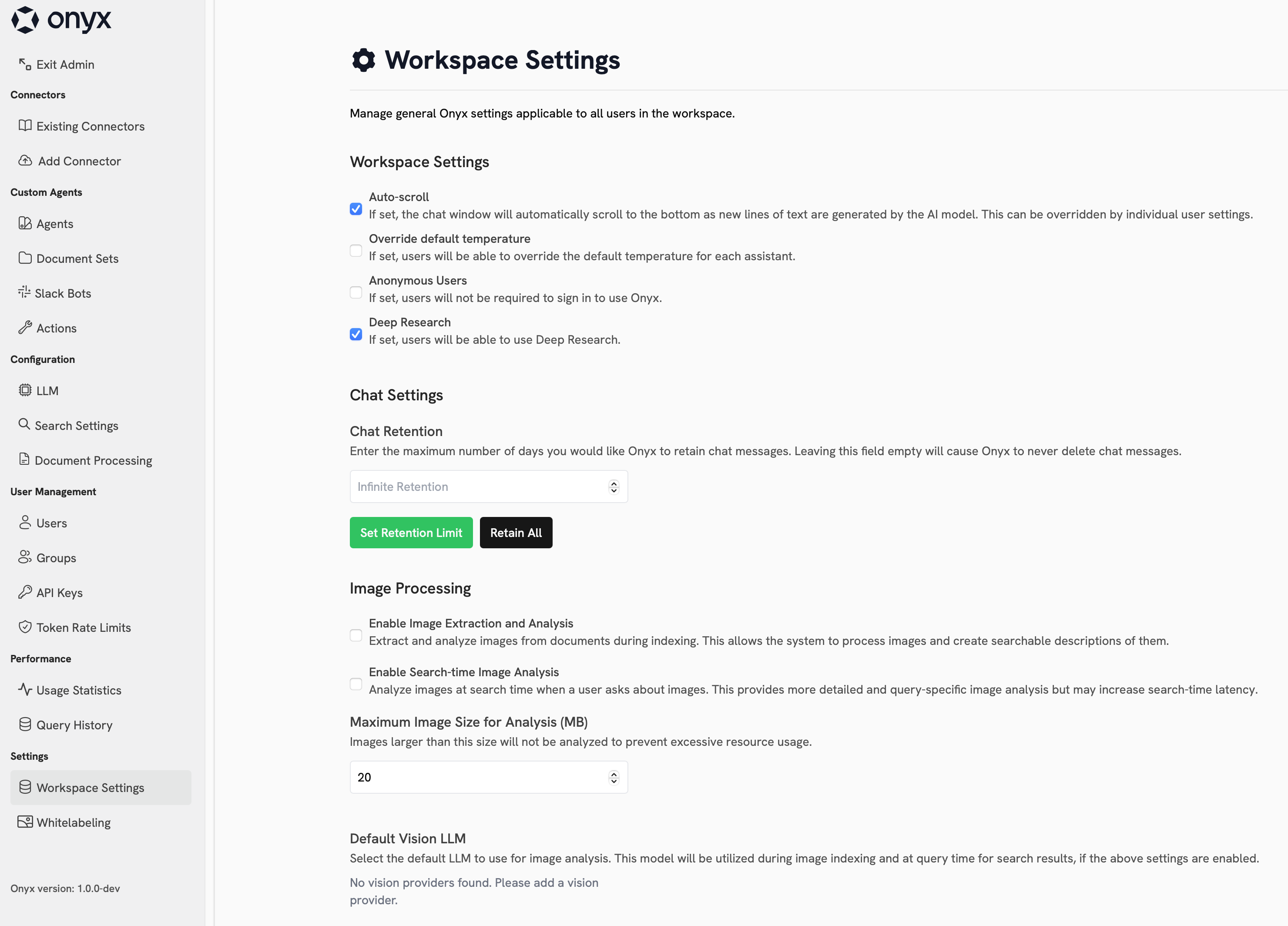 Workspace settings page