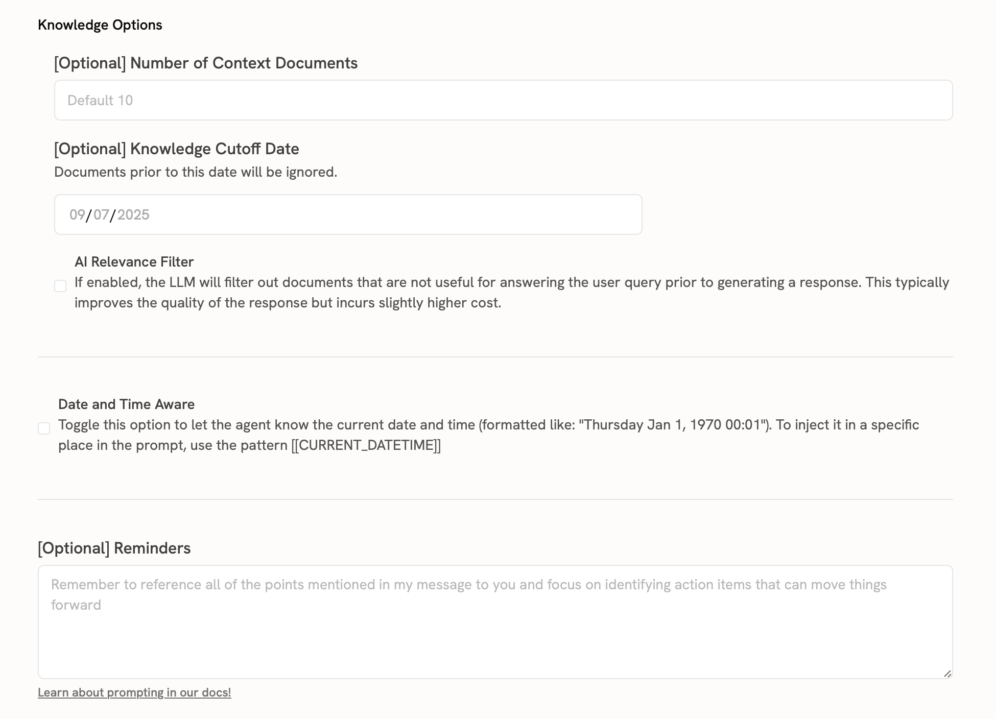 Onyx Agent Configuration page