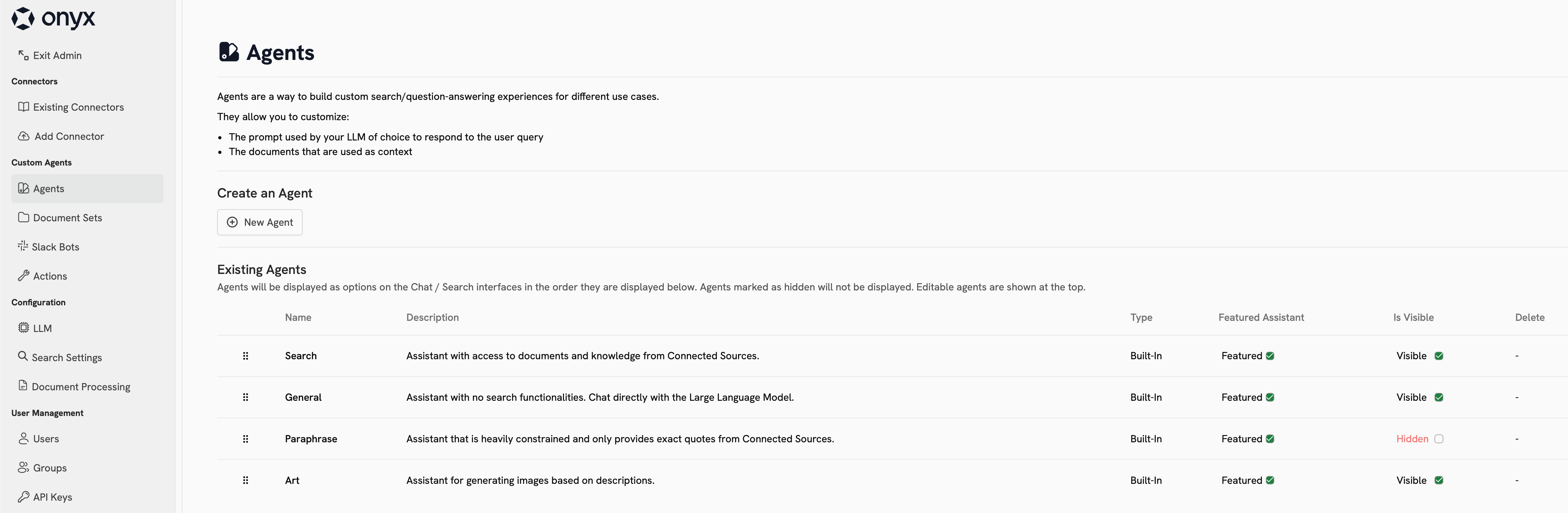 Onyx Agents Overview page showing available agents