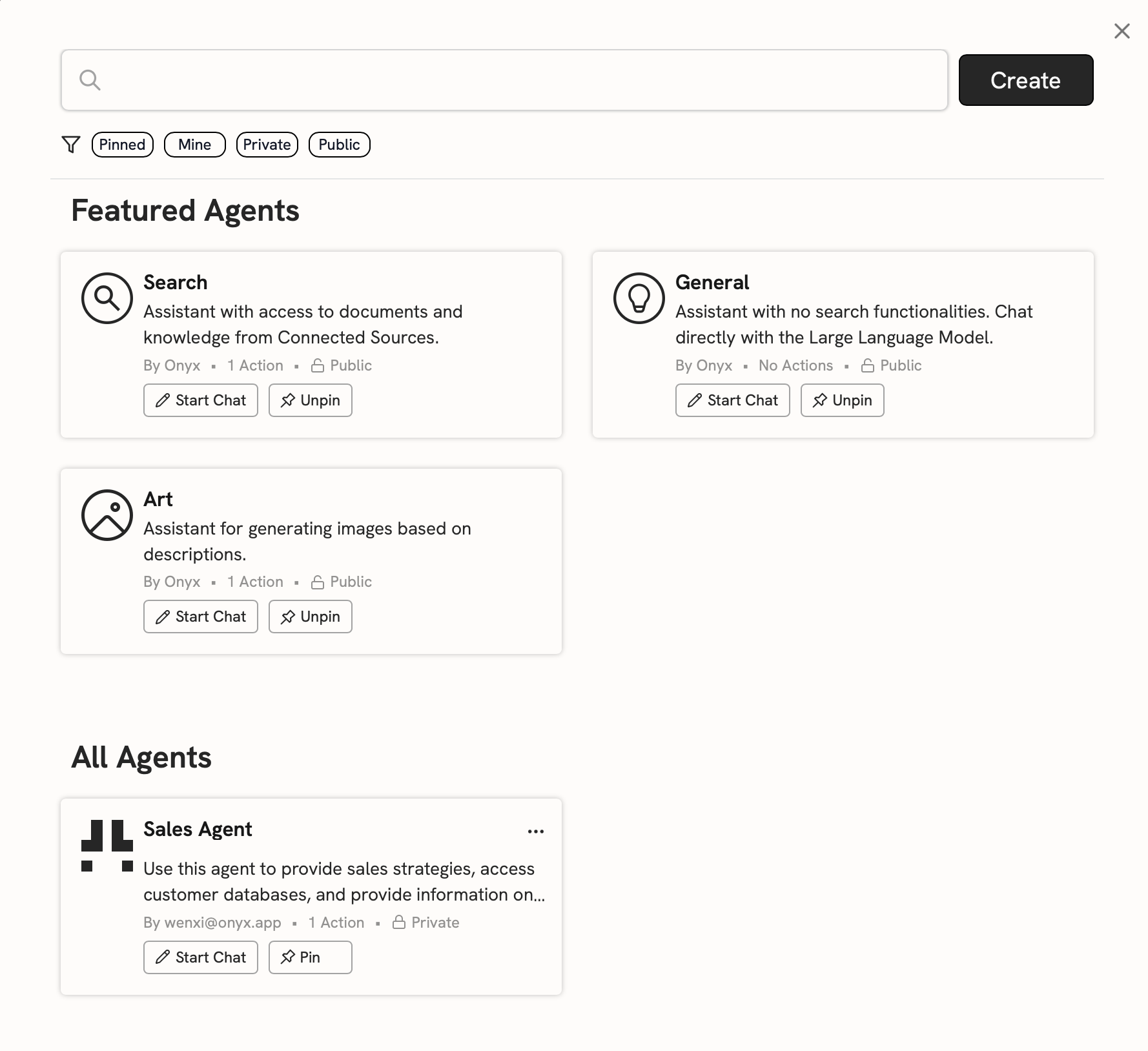 Onyx Explore Agents page