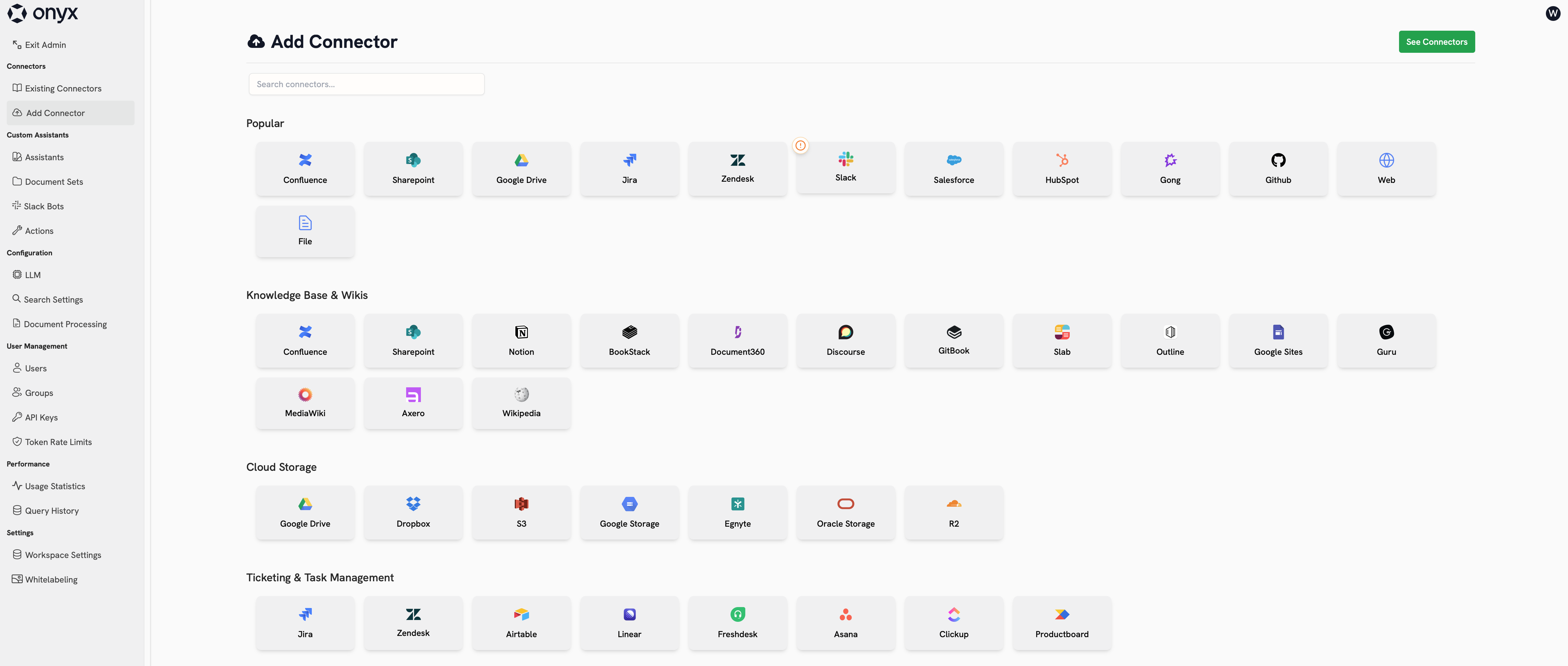 Onyx Add Connector page