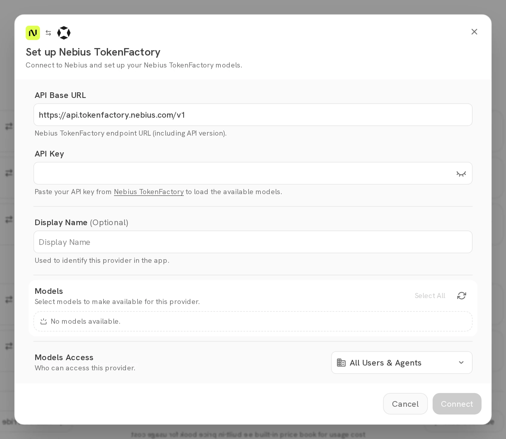 Set up Nebius TokenFactory dialog with API Base URL, API Key, Display Name, and Models