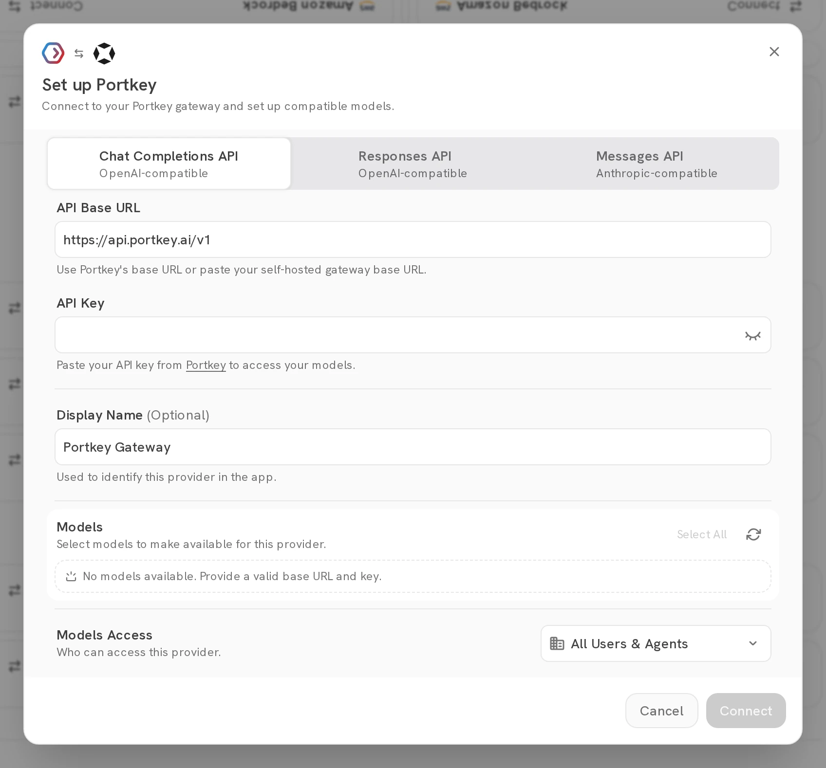 Set up Portkey dialog with API Base URL, API Key, Display Name, and Models