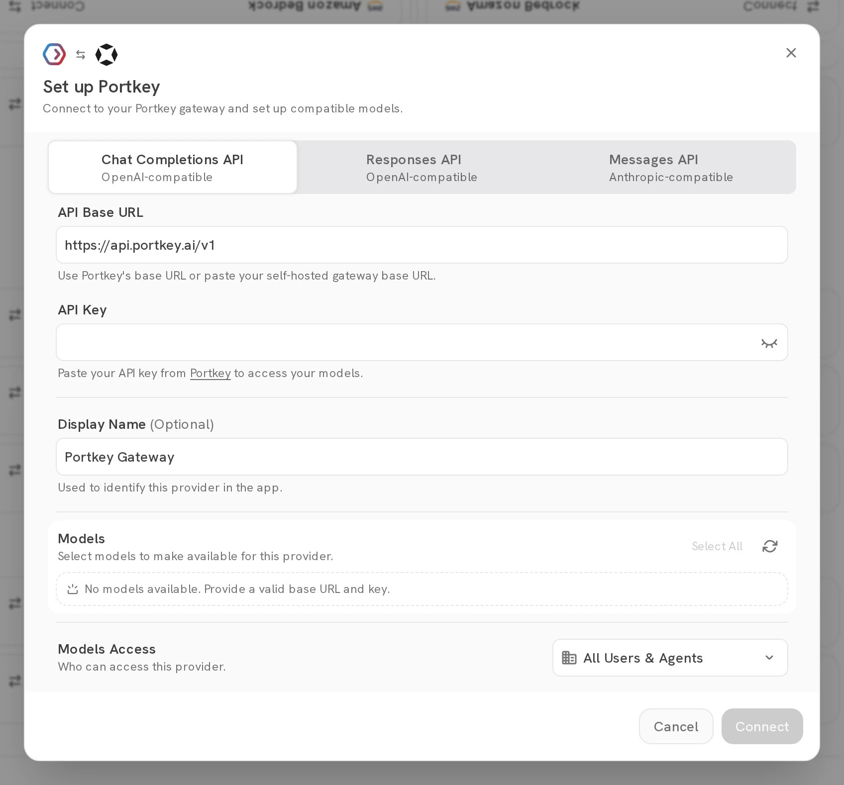 Set up Portkey dialog with API Base URL, API Key, Display Name, and Models