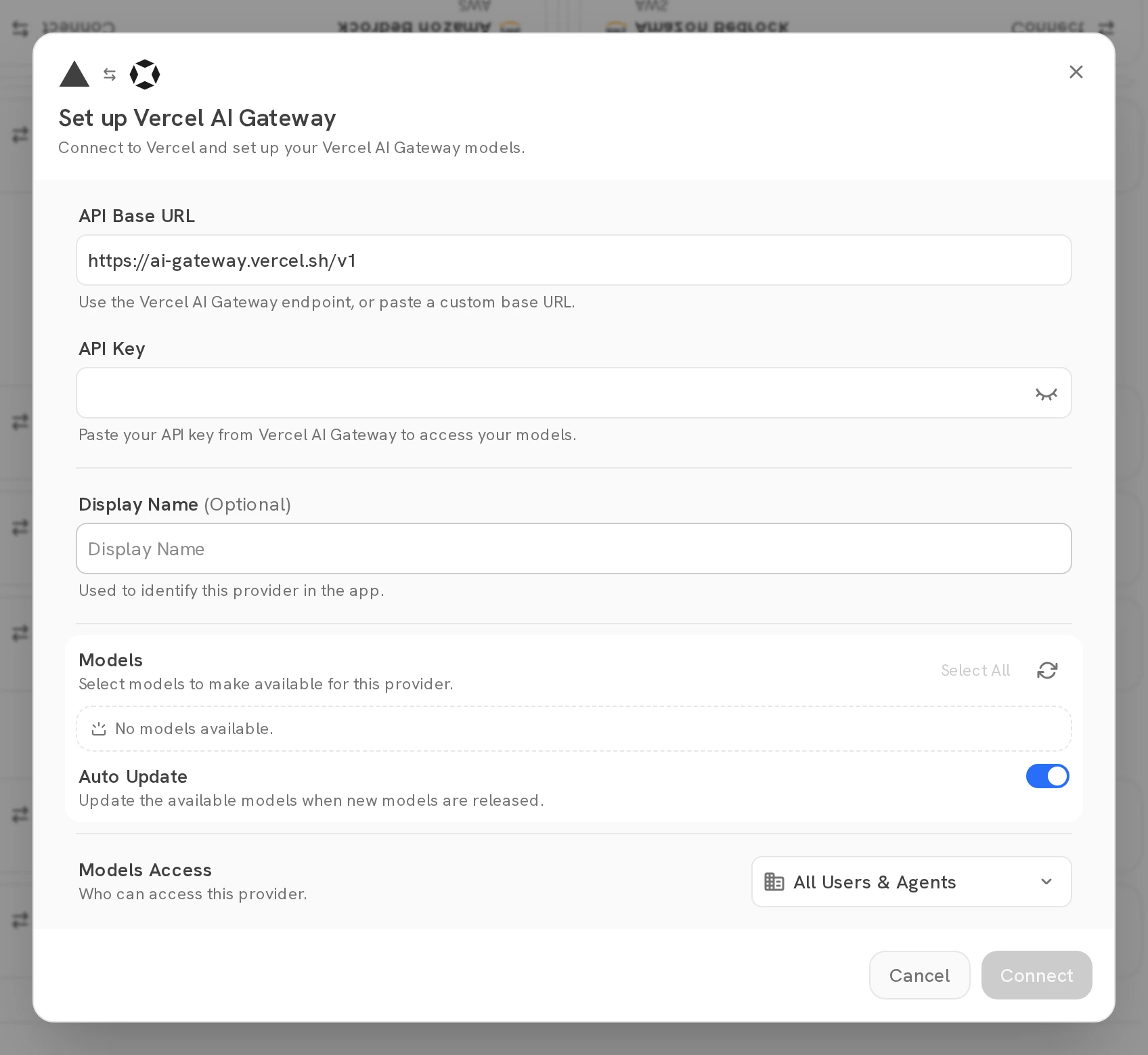 Set up Vercel AI Gateway dialog with API Base URL, API Key, Display Name, and Models