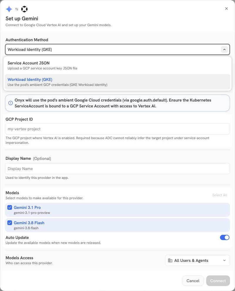 Authentication Method dropdown with Workload Identity (GKE) selected and highlighted