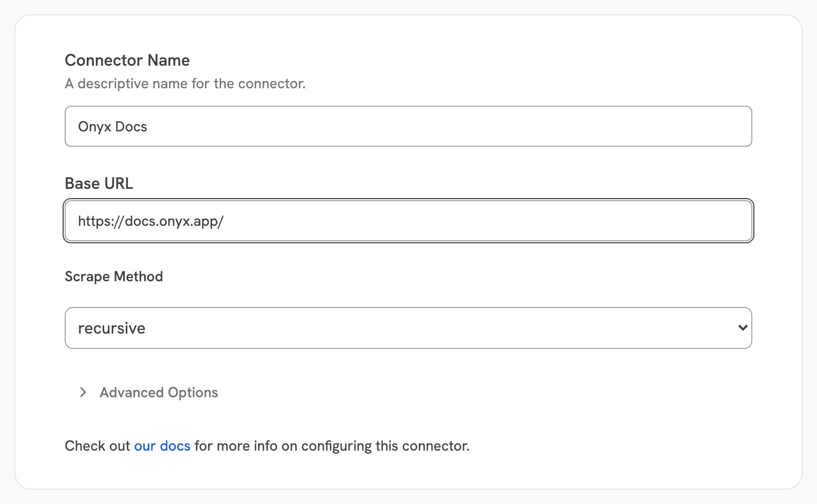 Onyx Web connector form with a base URL and the recursive scrape method