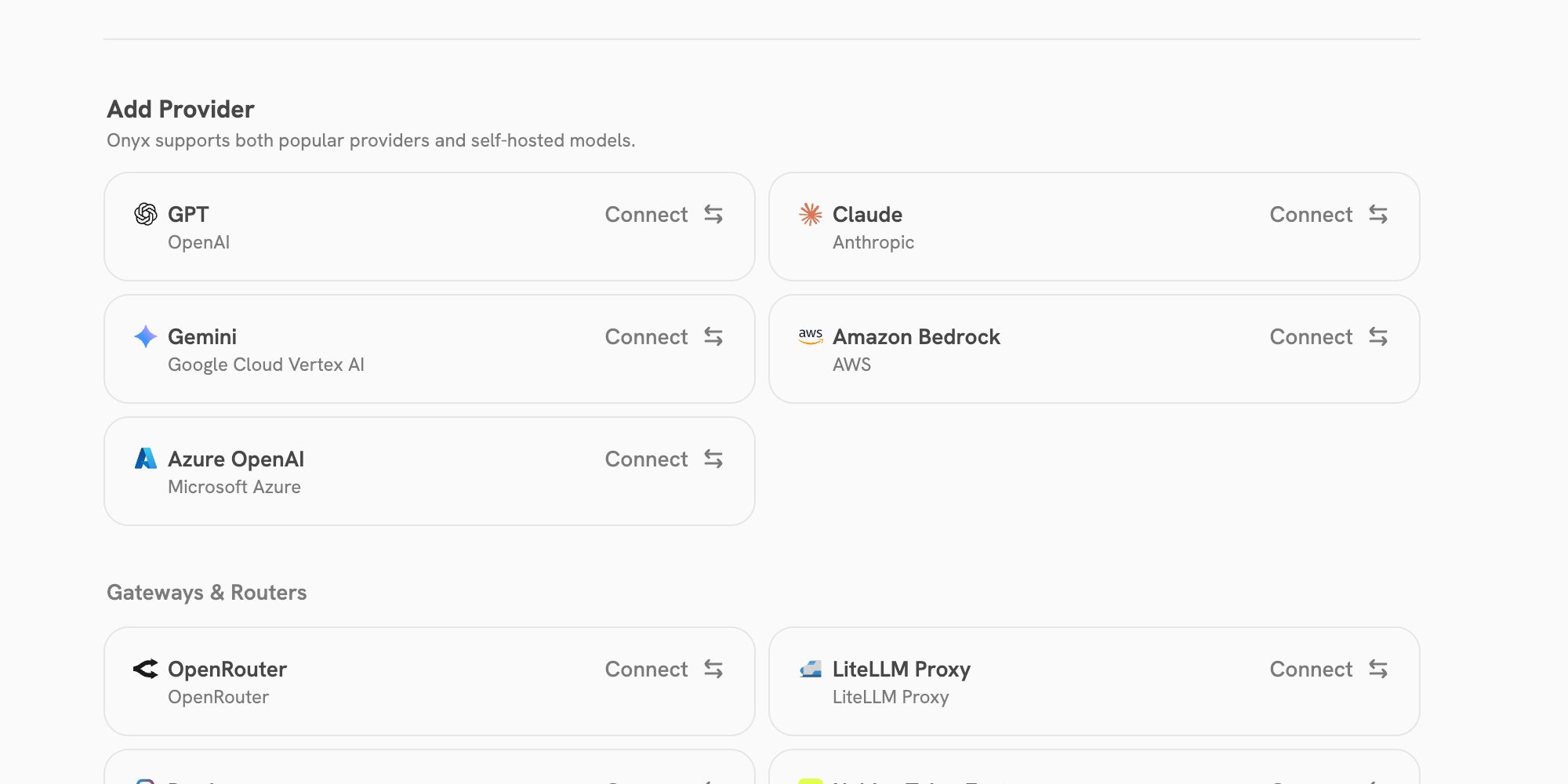 Onyx Admin Panel showing available language-model providers