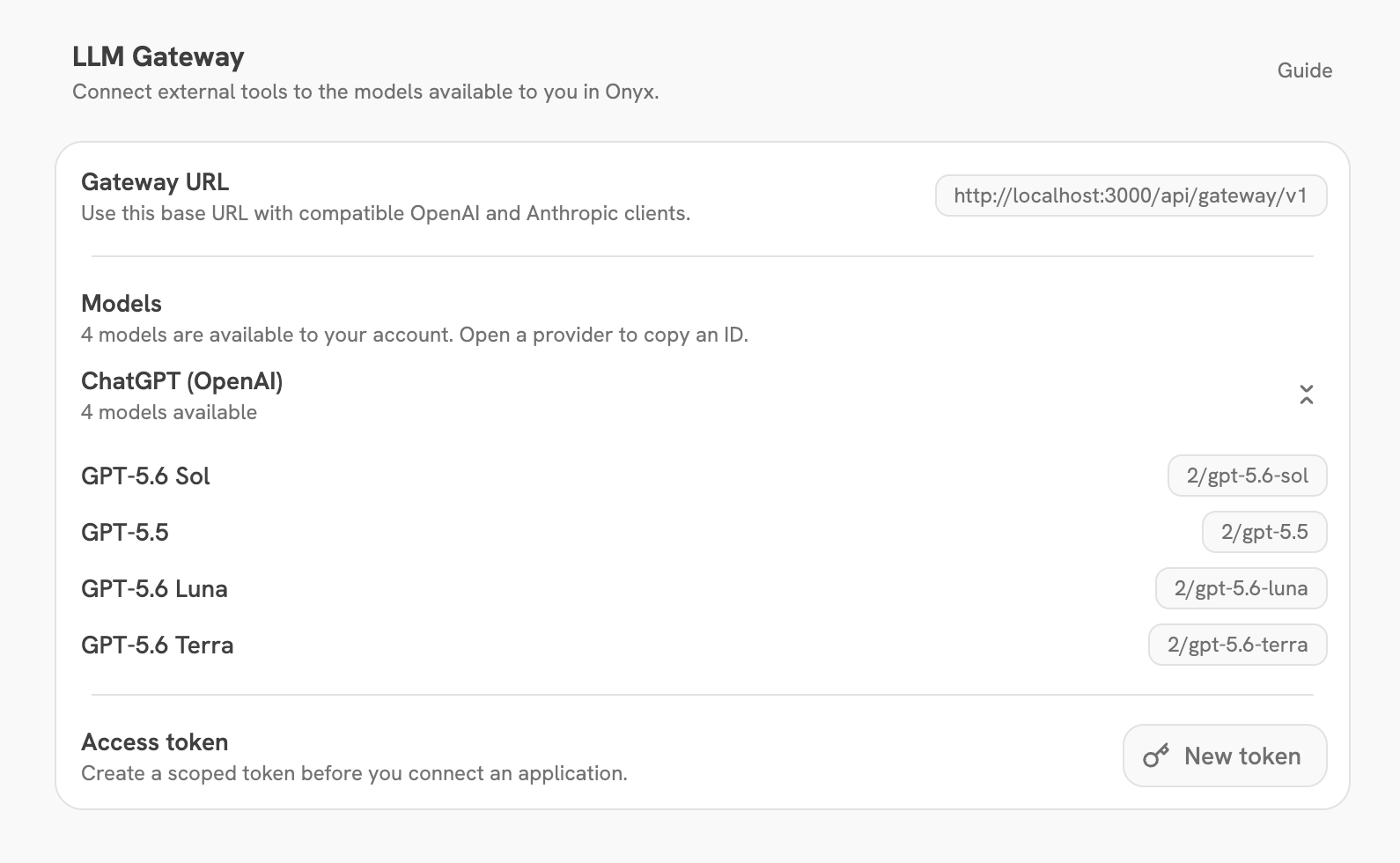 Onyx LLM Gateway settings with an expanded provider and model IDs