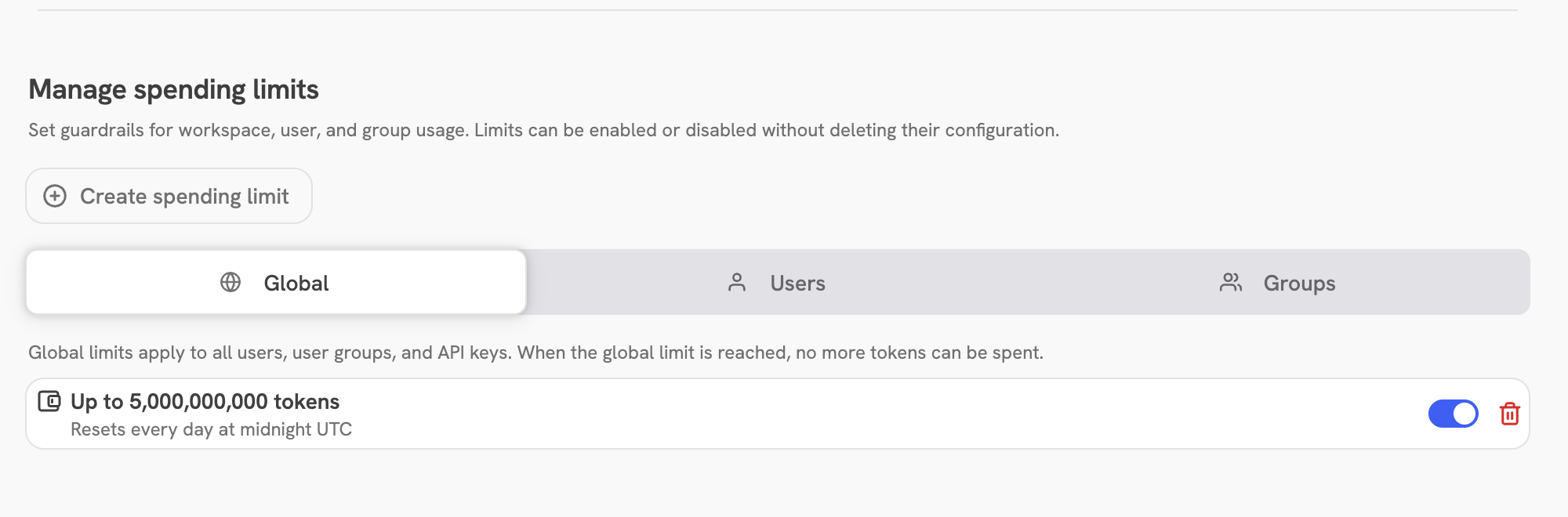 Onyx Admin Panel controls for global, user, and group spending limits