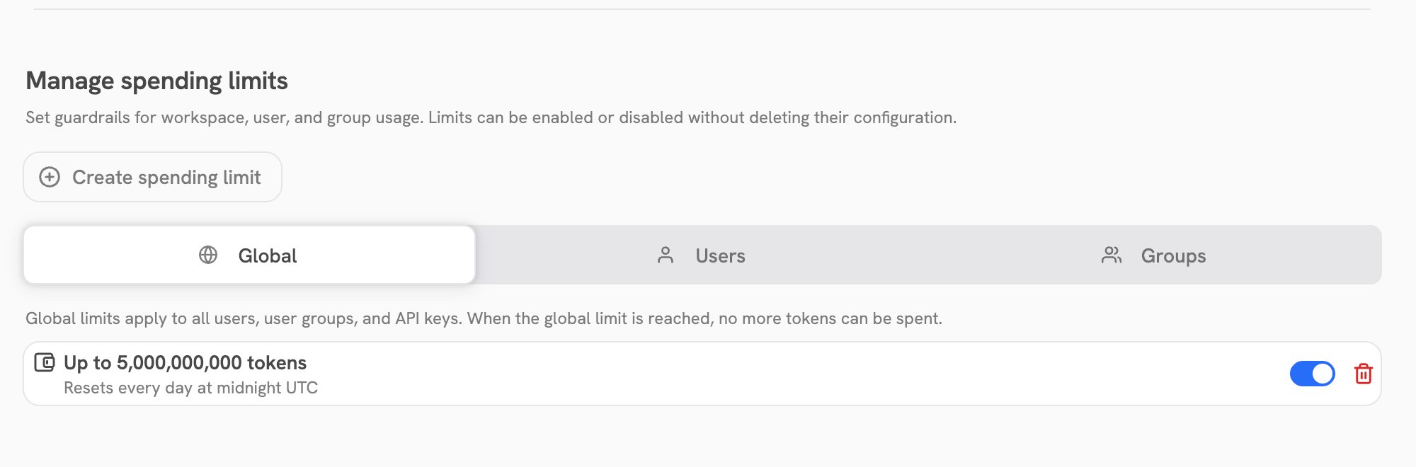 Onyx Admin Panel controls for global, user, and group spending limits