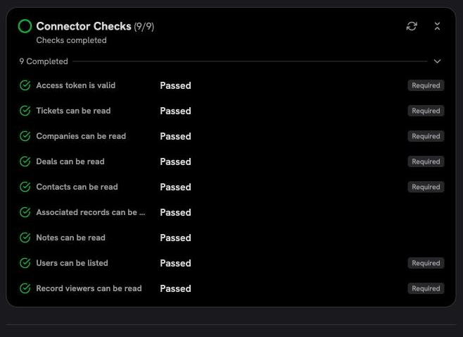 Connector Checks card with every HubSpot check passed