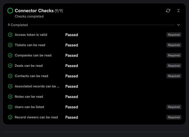 Connector Checks card with every HubSpot check passed