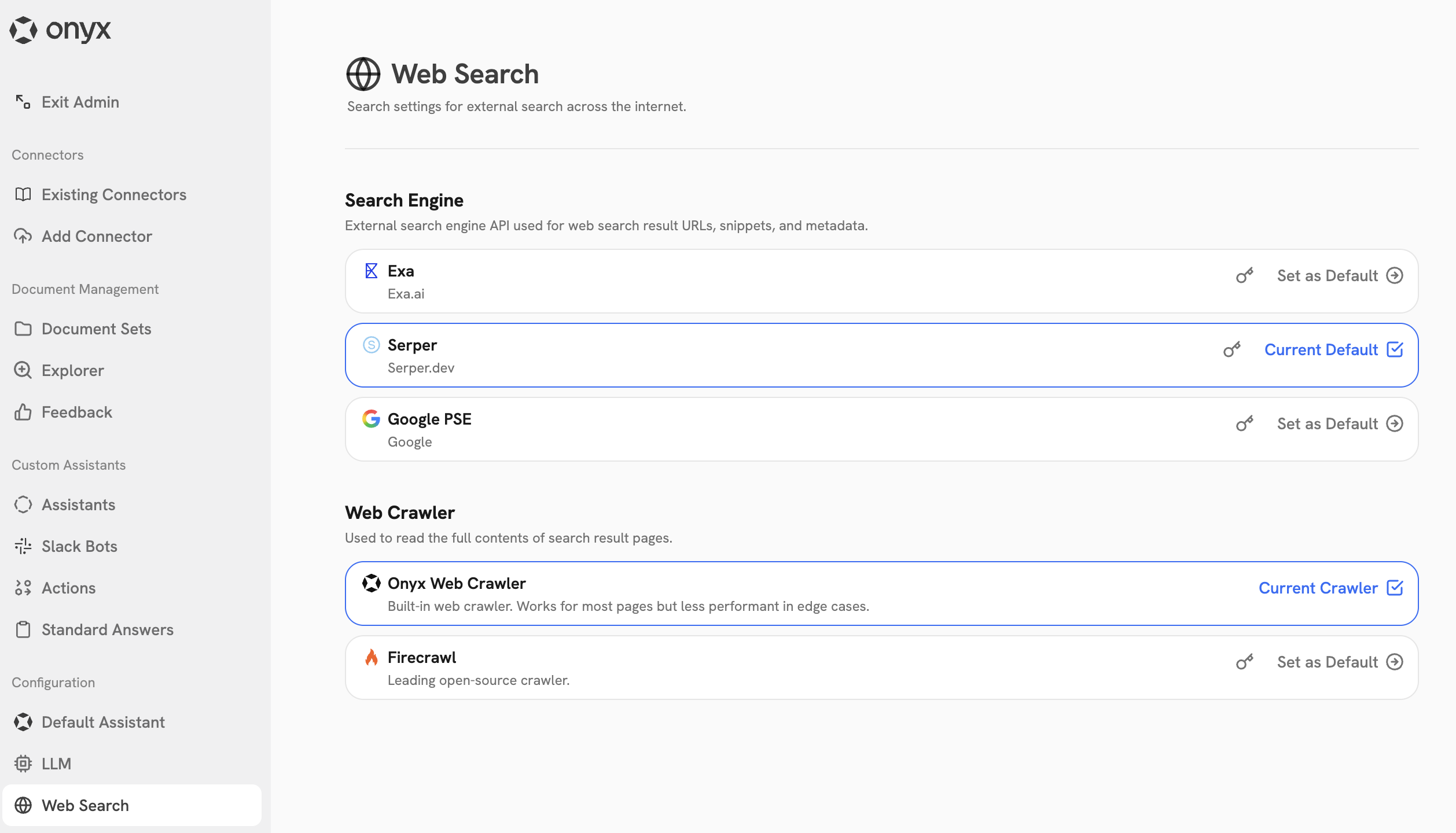 Web Search dashboard in Onyx Admin Panel