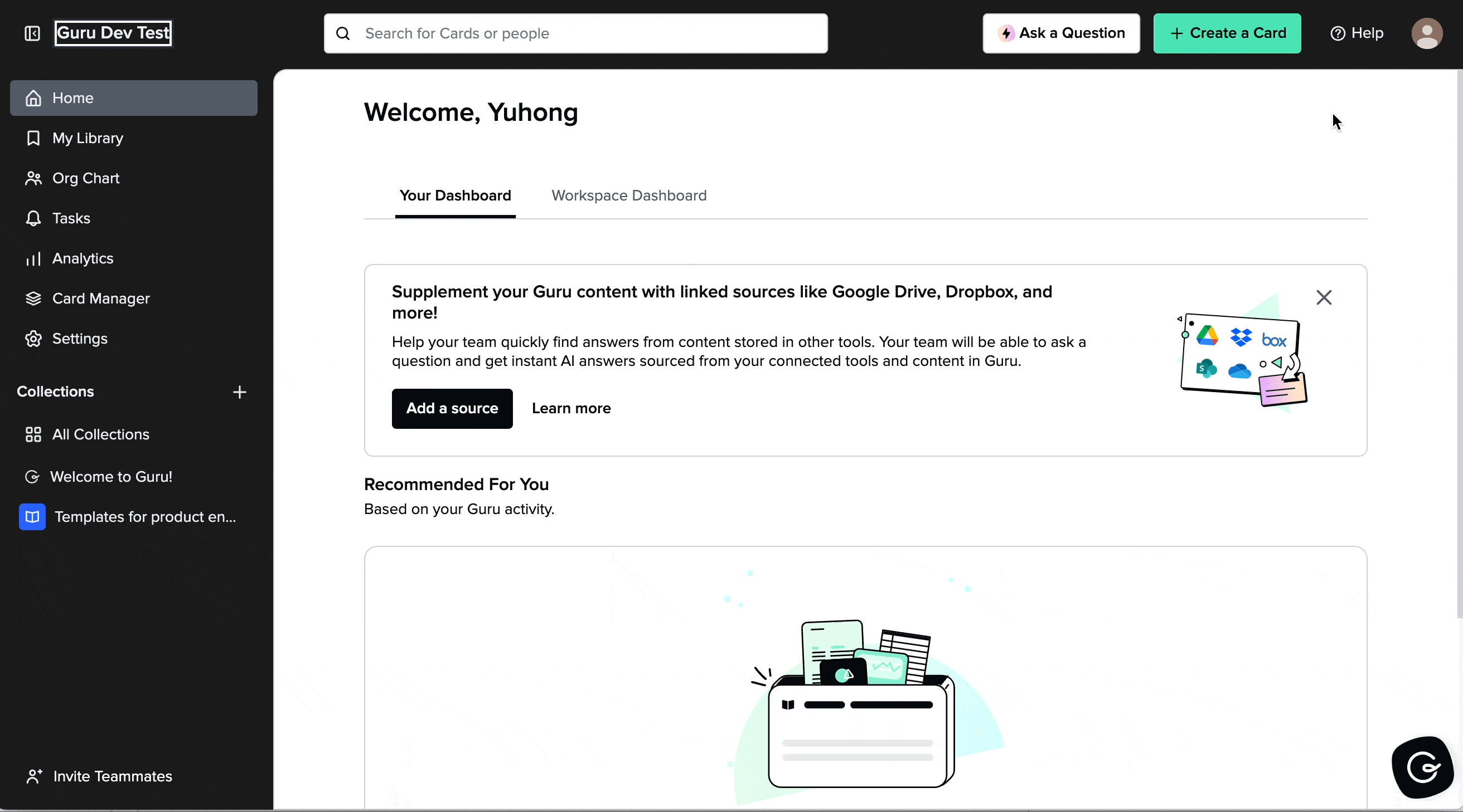 Guru API dashboard steps to create a User Access Token