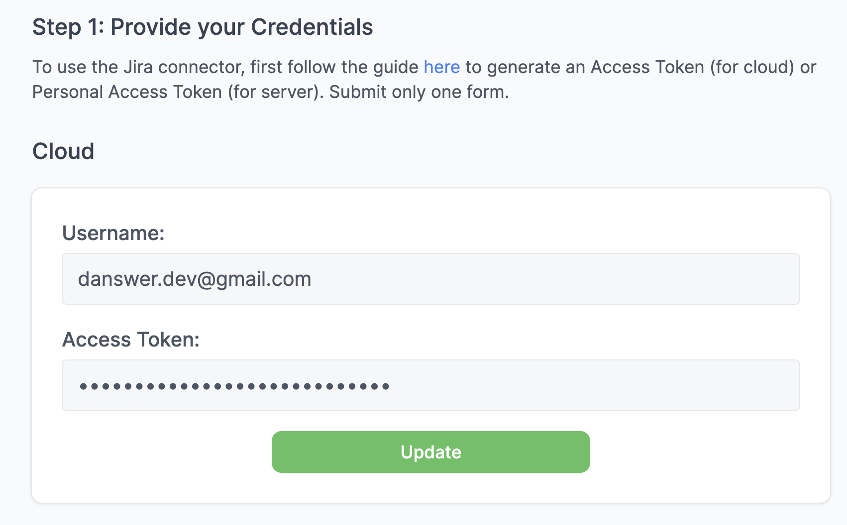 Onyx Jira Cloud connector authentication form
