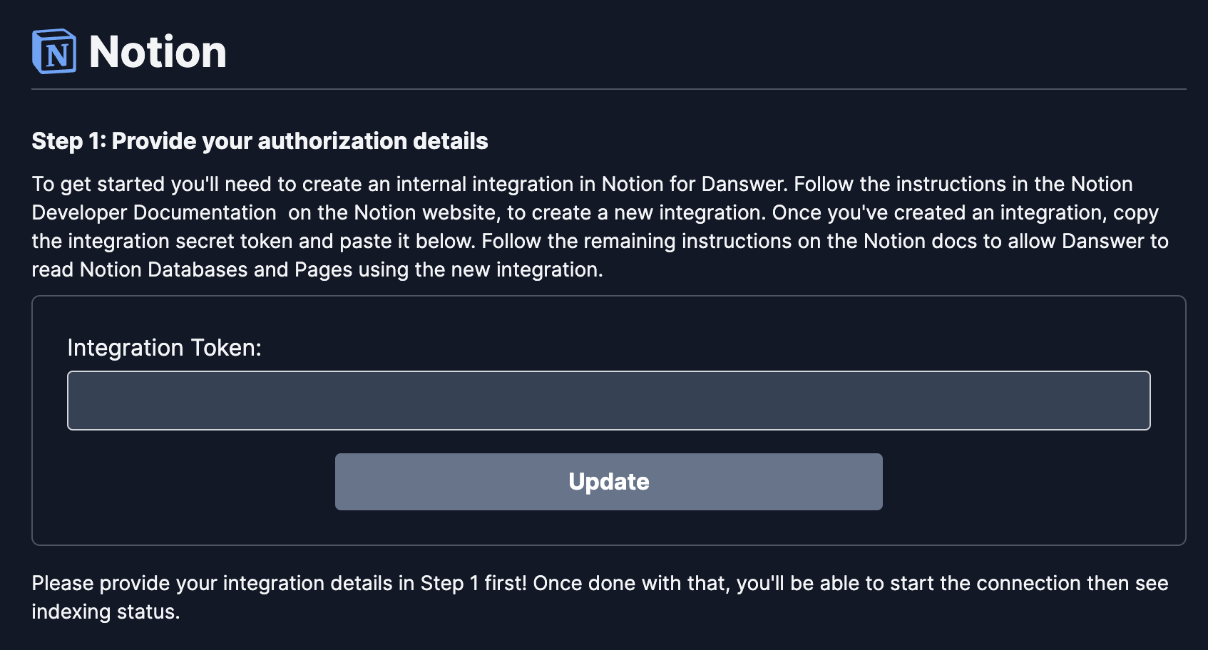 Onyx Notion connector authentication step to connect integration