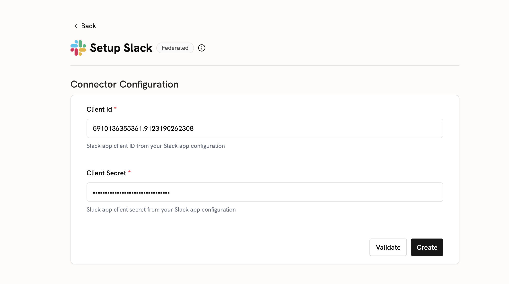 Onyx Slack Federated connector settings showing client credentials