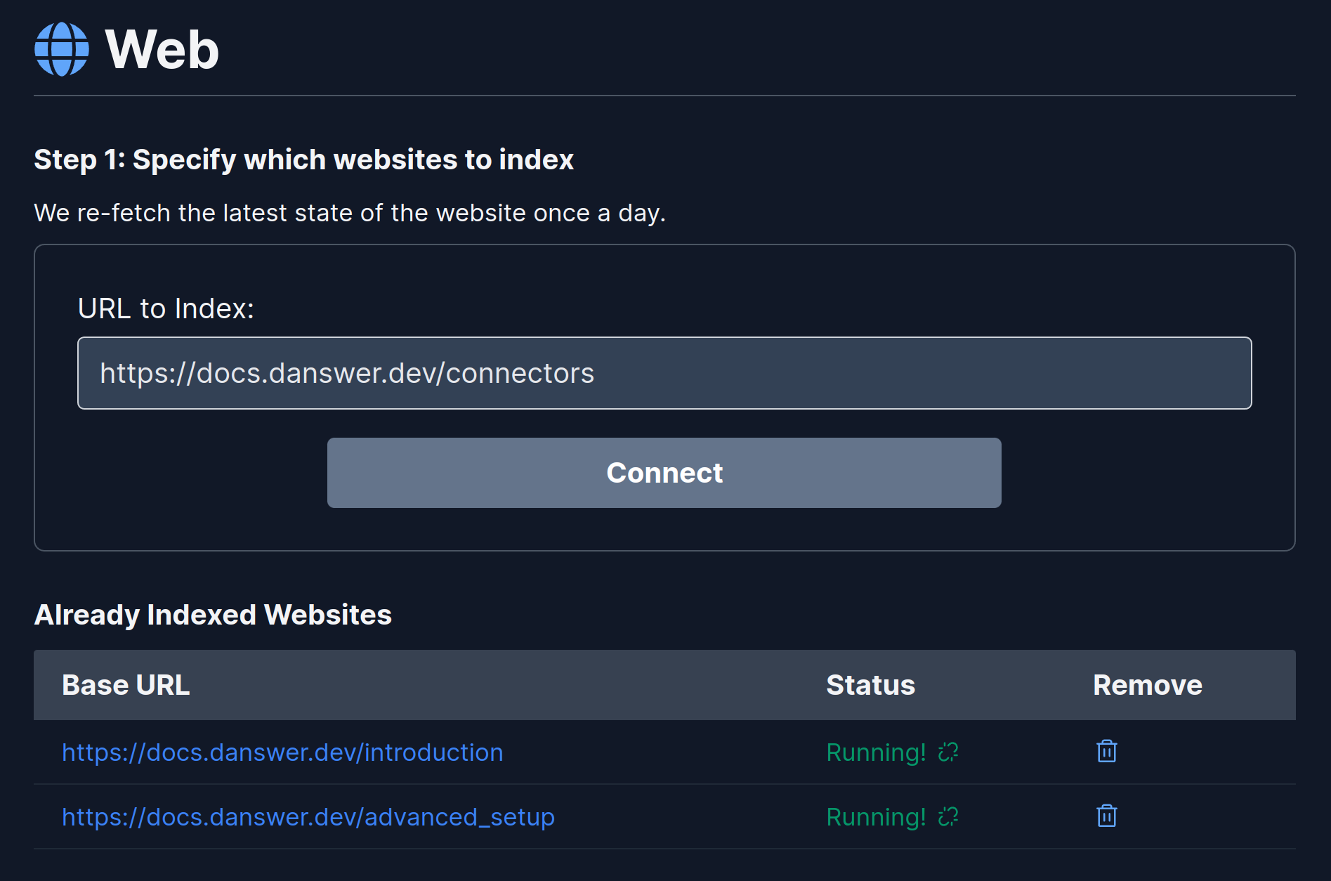 Onyx Web connector form to enter base URL for indexing