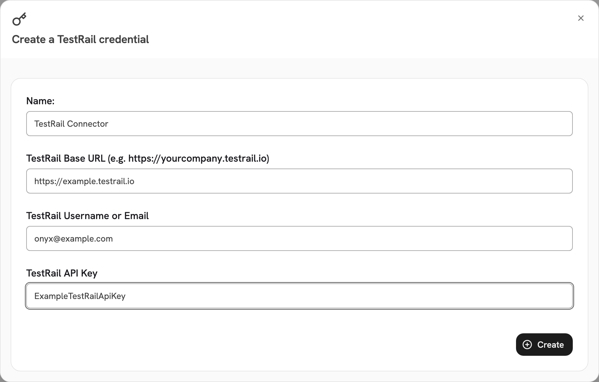 Create a TestRail credential with a base URL, username and API key