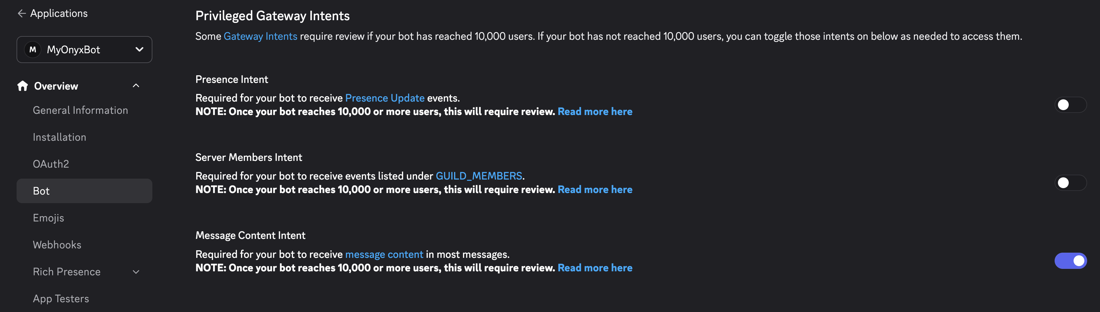 Message Content Intent enabled; Presence and Server Members intents disabled