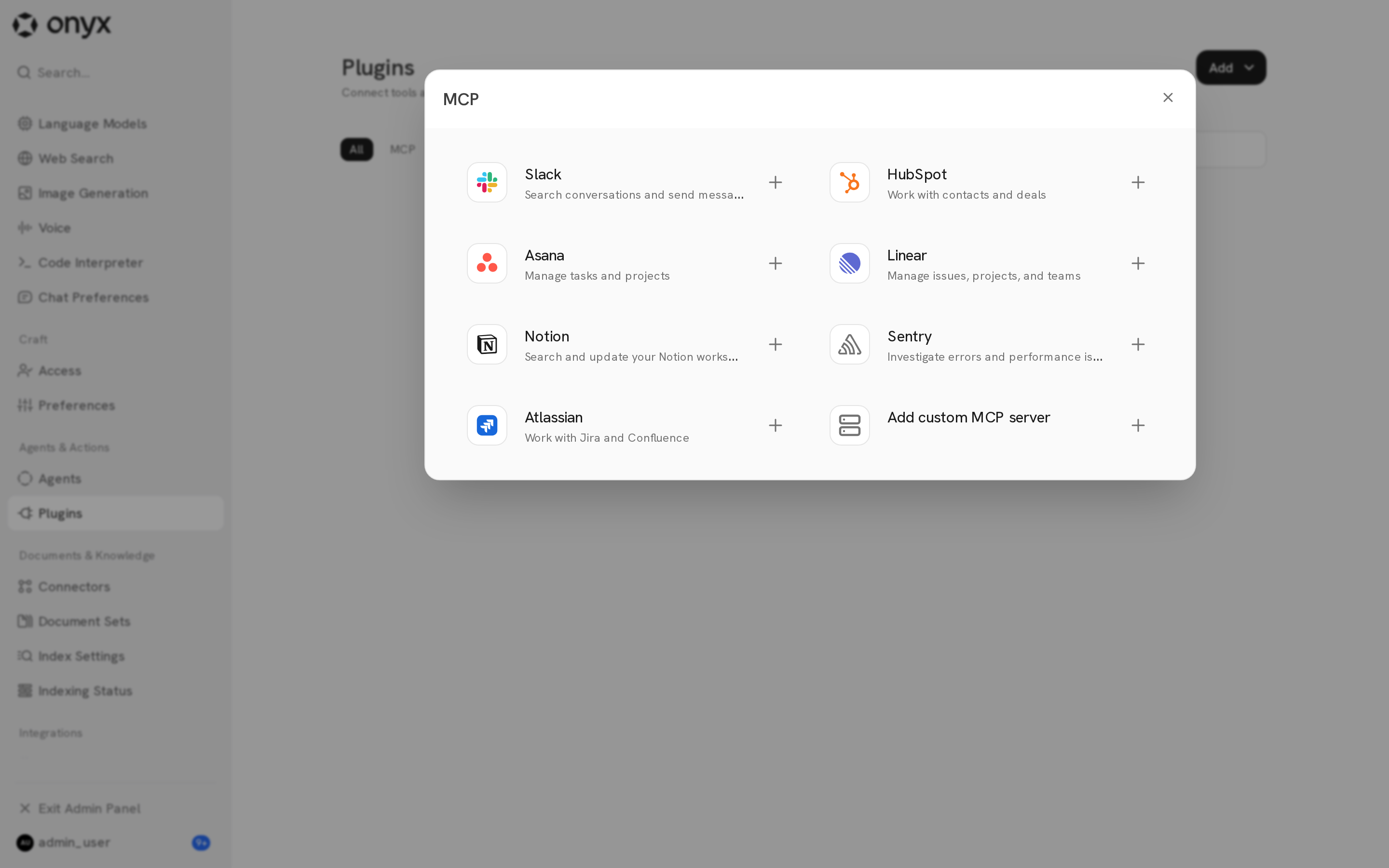 The MCP catalog with Slack, HubSpot, Asana, Linear, Notion, Sentry, Atlassian, and Add custom MCP server