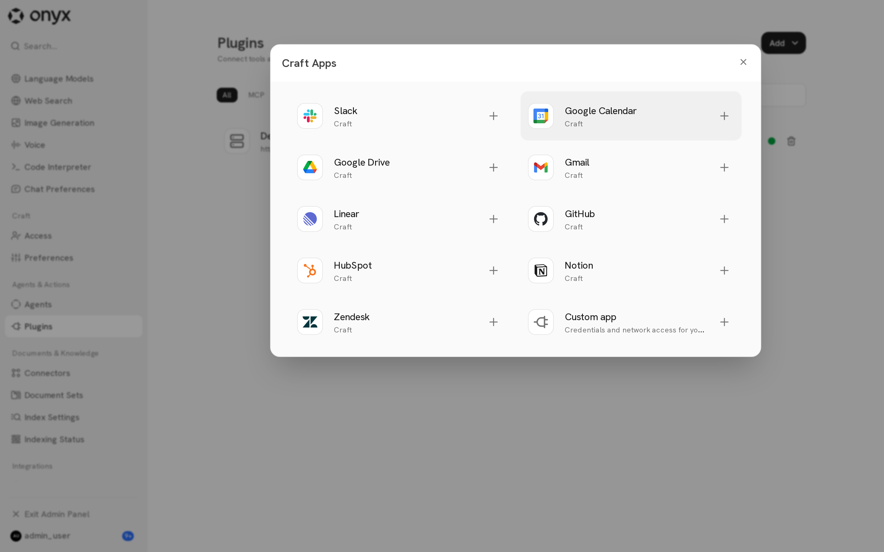The Craft Apps catalog with Slack, Google Calendar, Google Drive, Gmail, Linear, GitHub, HubSpot, Notion, Zendesk, and Custom app