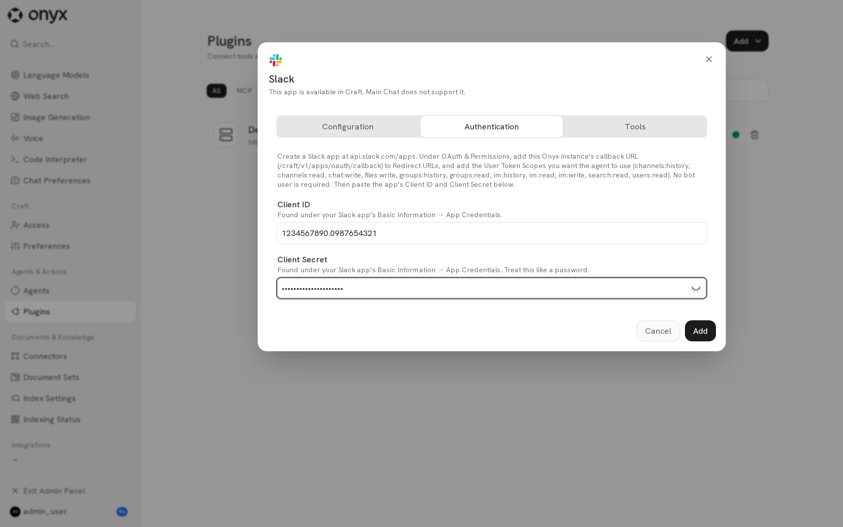 The Slack Authentication tab with setup instructions, Client ID, and Client Secret