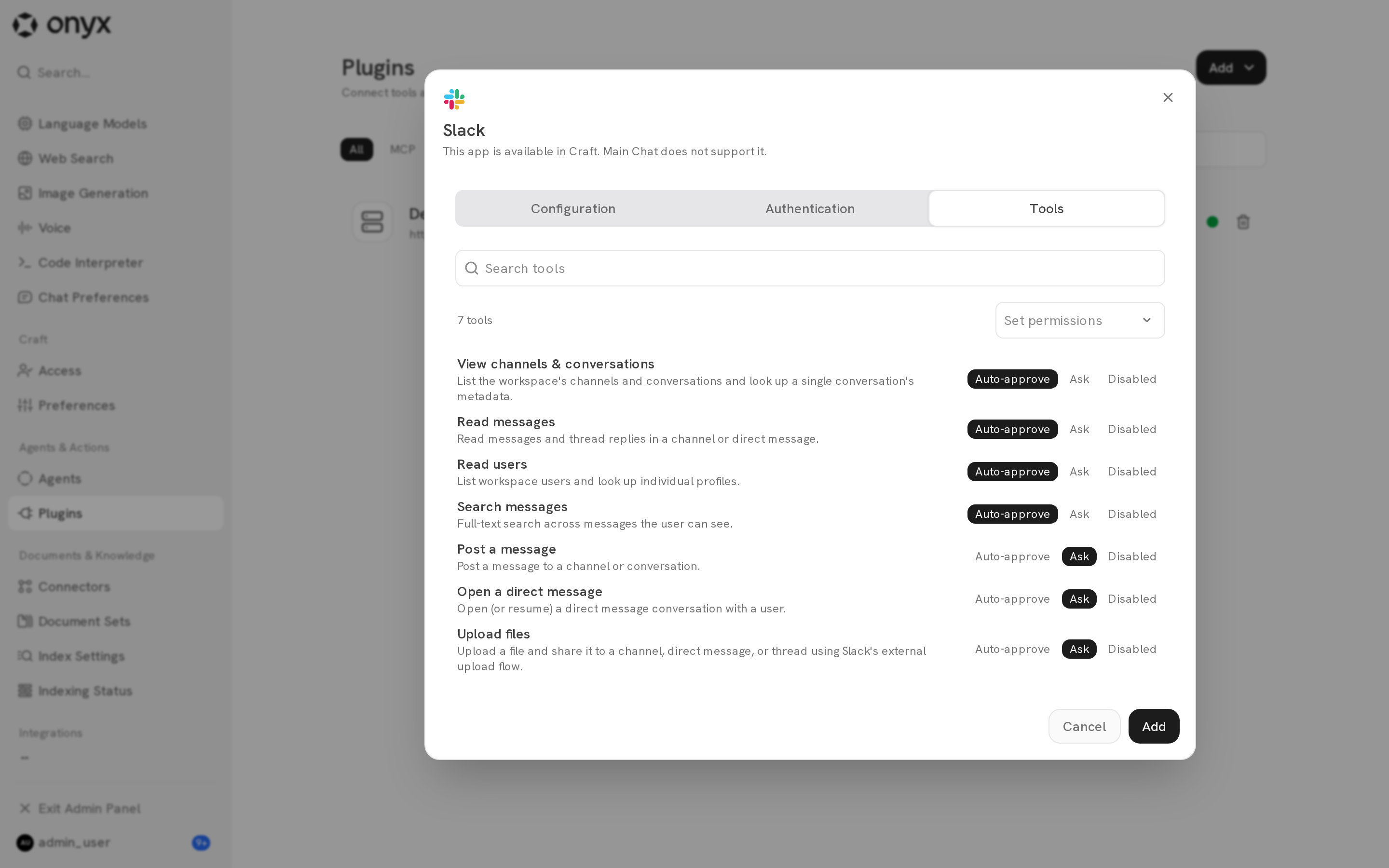 The Slack Tools tab with Auto-approve, Ask, and Disabled for each action