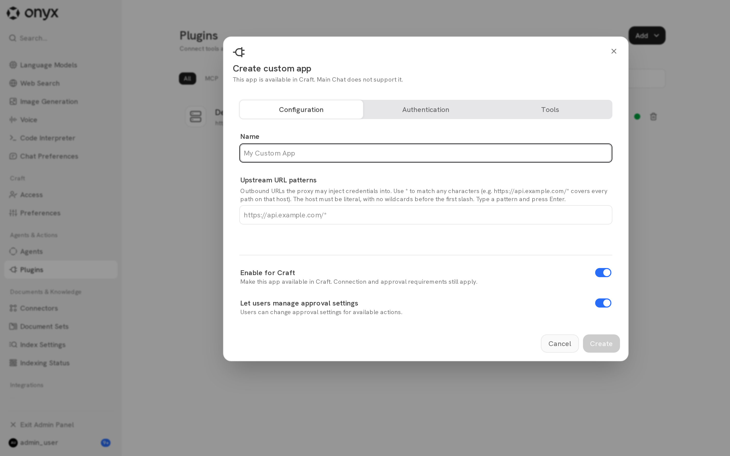 The Create custom app form with Name, Upstream URL patterns, Enable for Craft, and Let users manage approval settings
