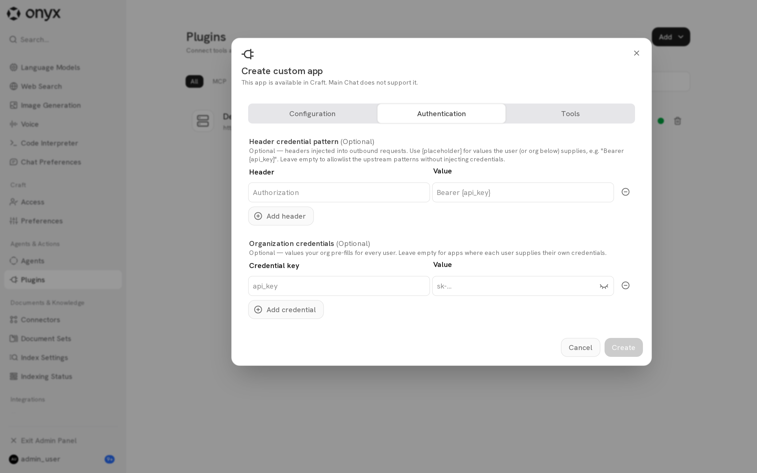 The custom app Authentication tab with header patterns and Organization credentials