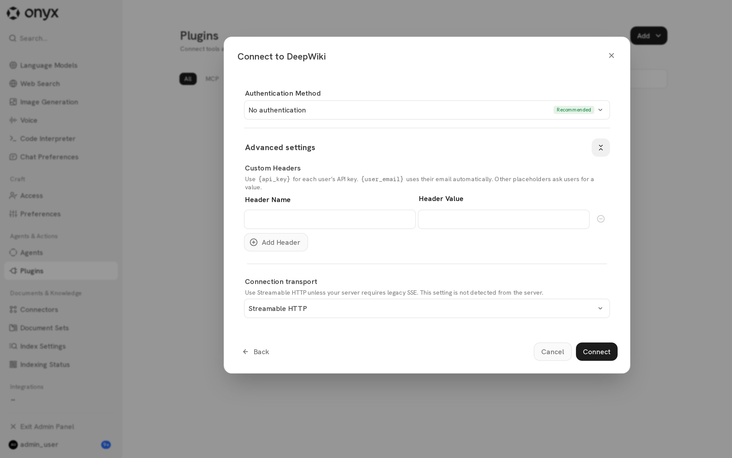 Advanced settings with Custom Headers and Connection transport