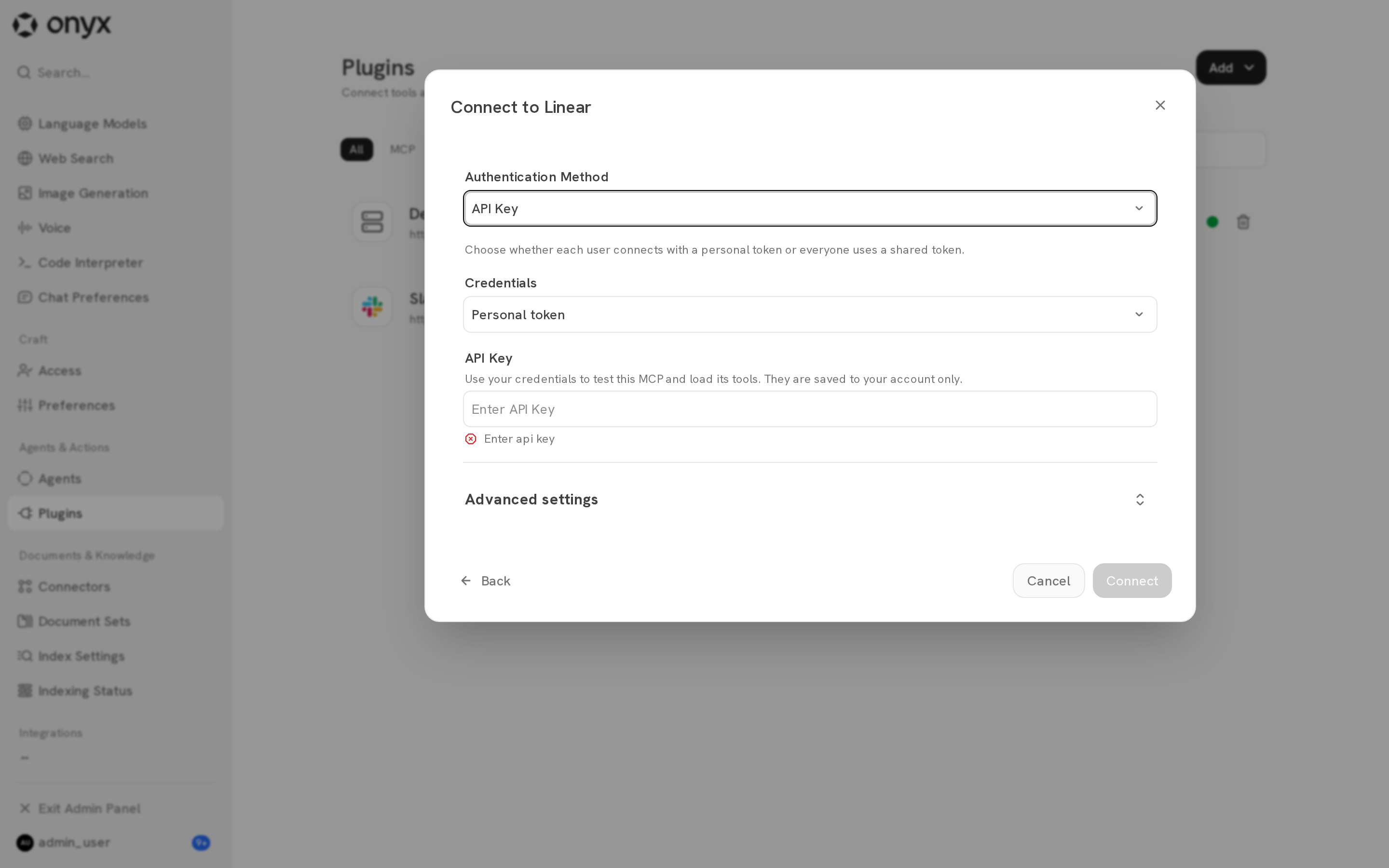 API Key settings with a choice of personal or shared token and a test credential field