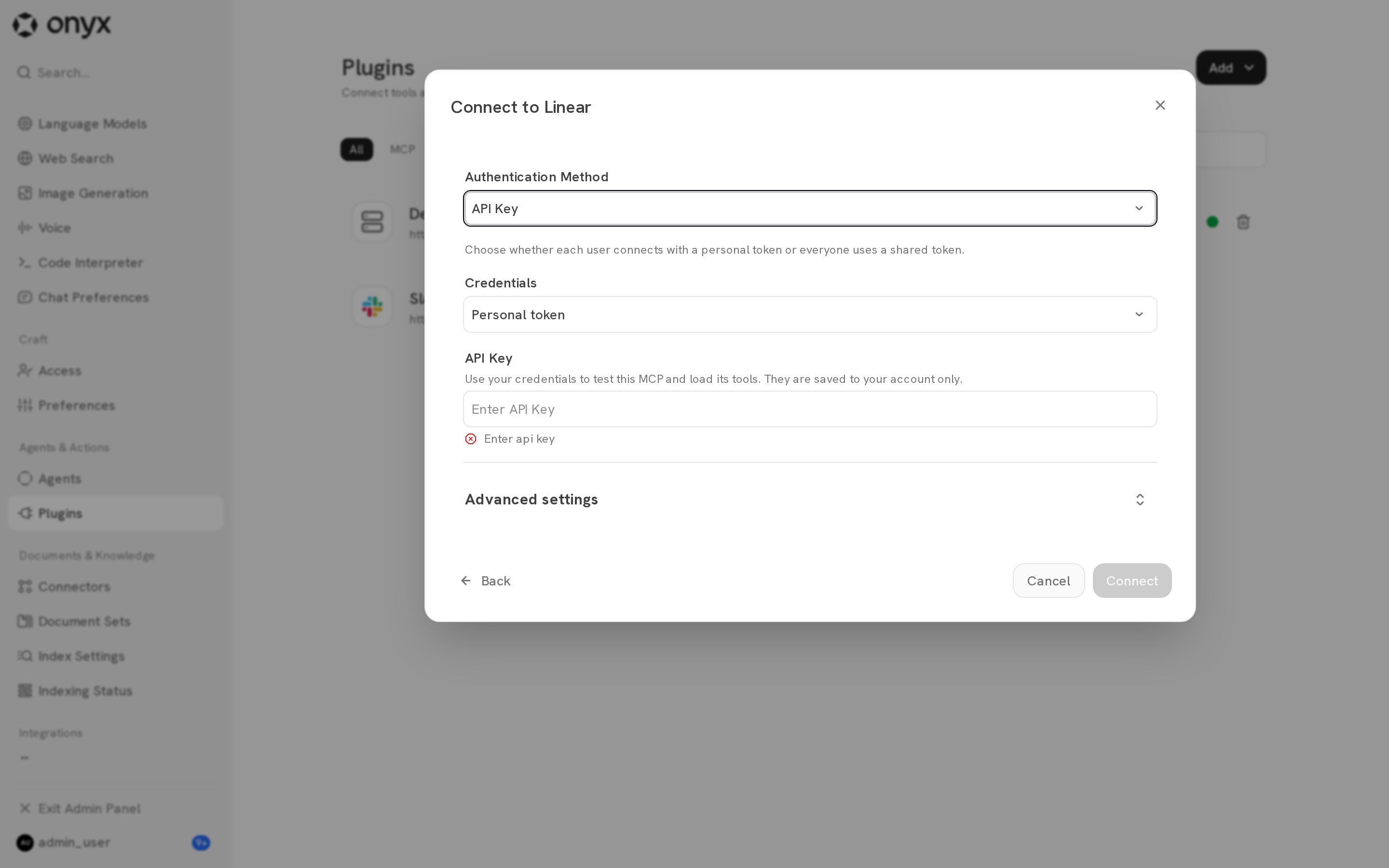 API Key settings with a choice of personal or shared token and a test credential field