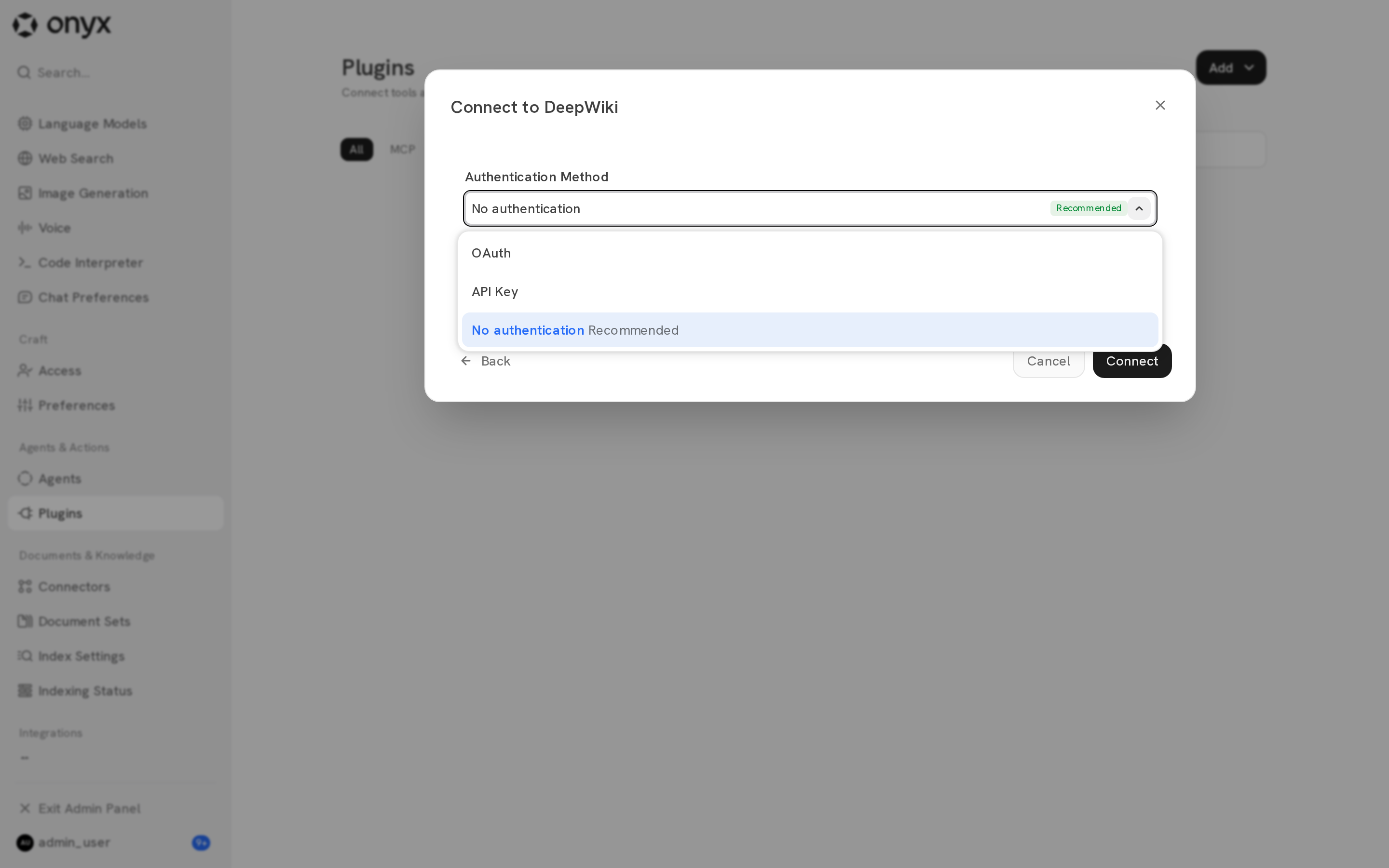 The Authentication Method menu with OAuth, API Key, and No authentication