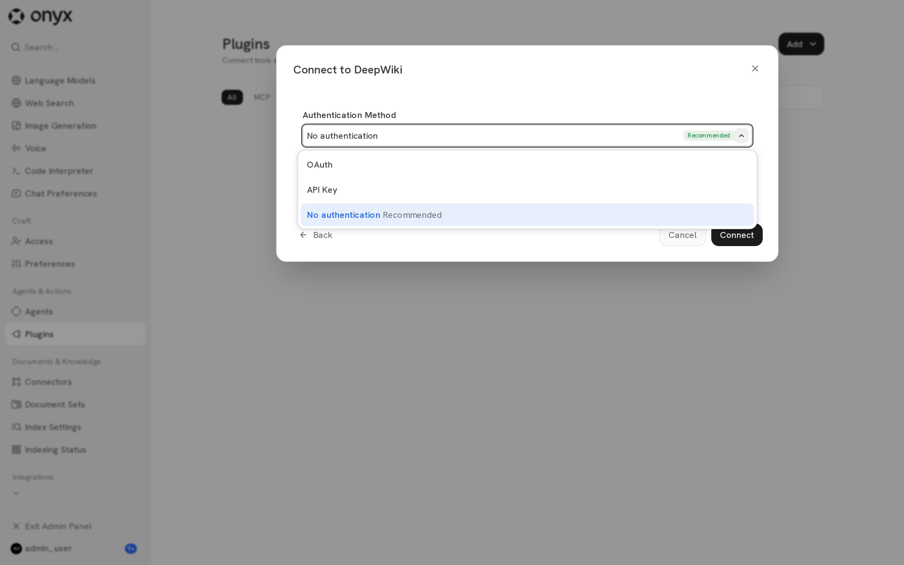 The Authentication Method menu with OAuth, API Key, and No authentication