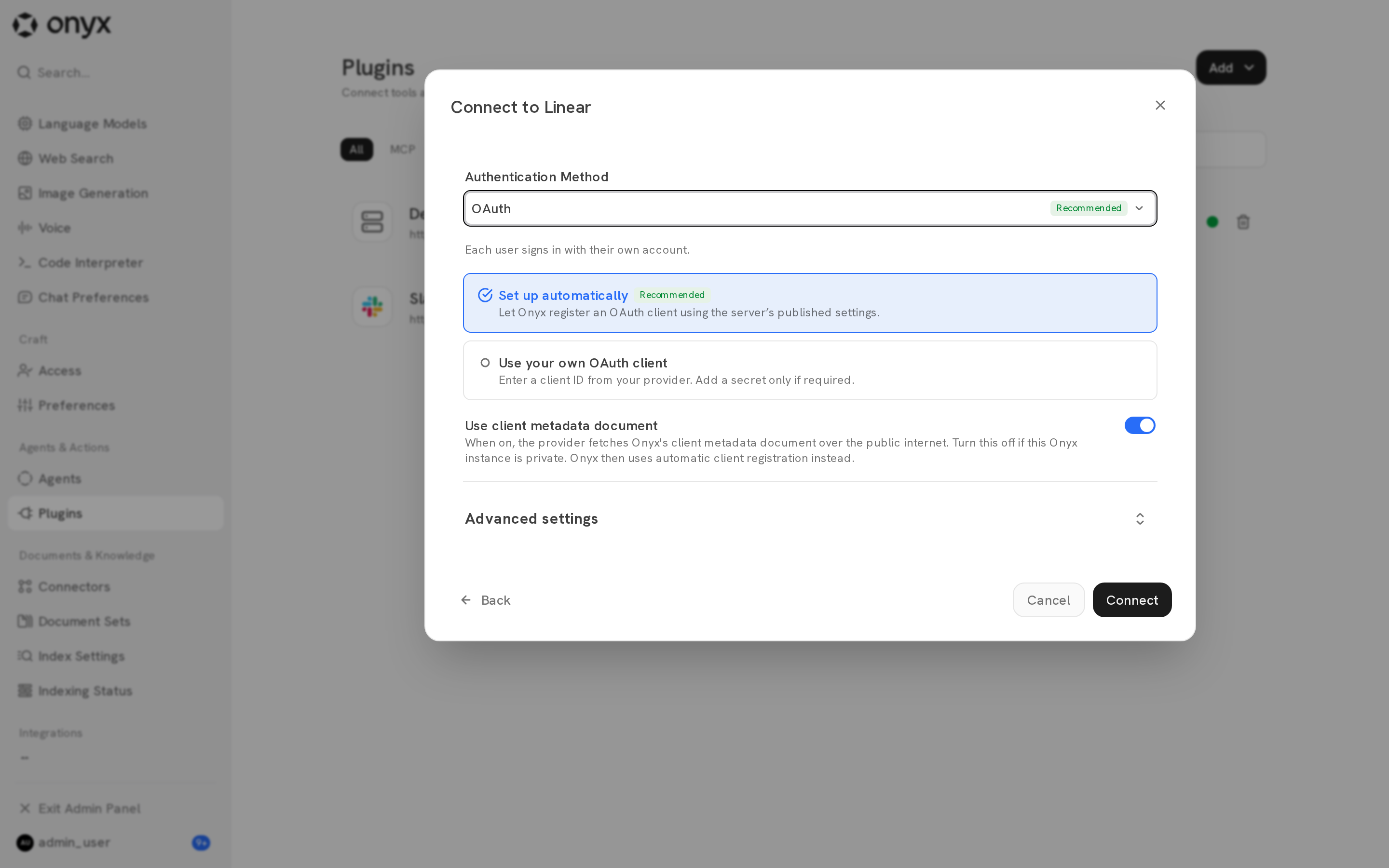 OAuth settings with Set up automatically, Use your own OAuth client, and Use client metadata document
